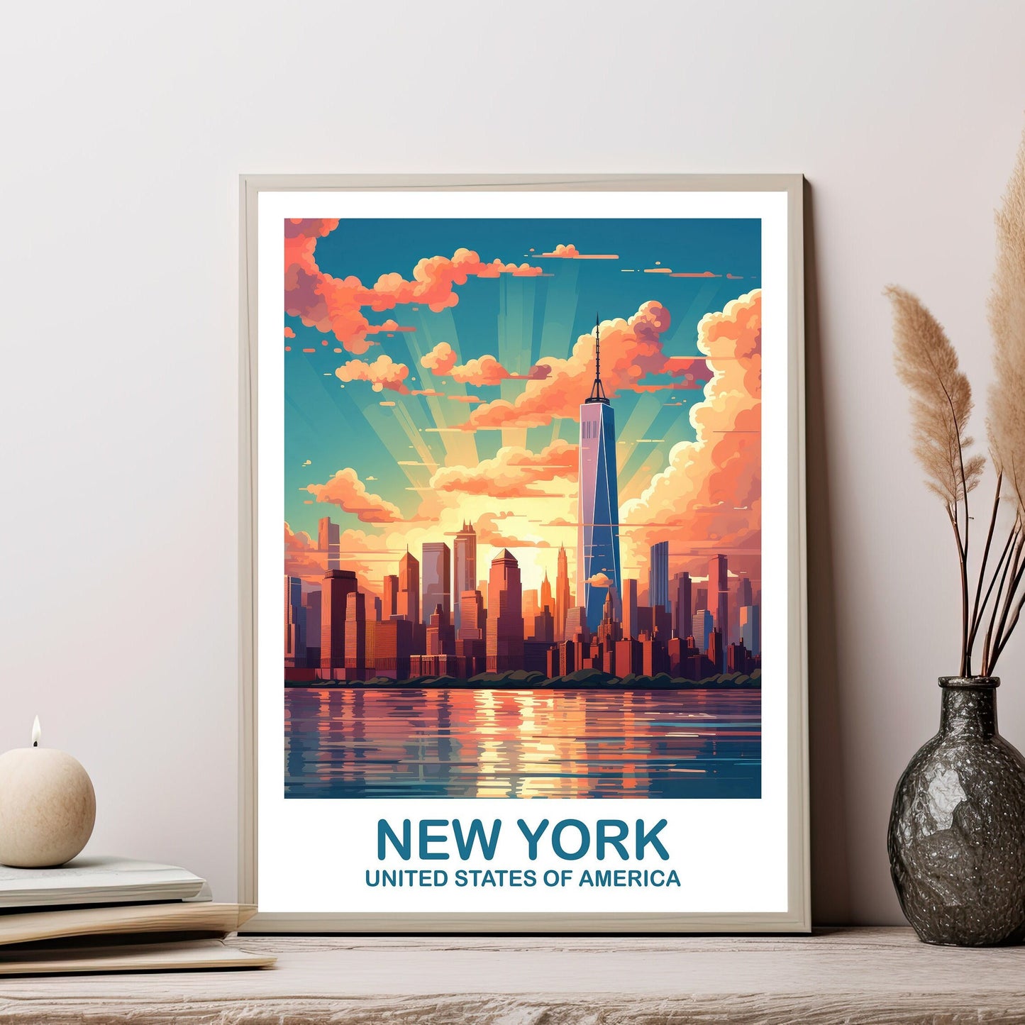New York Travel Print, Manhattan Skyline, New York Wall Art, Big Apple Poster, Bright and Vibrant Wall Art | T2NA_NYNY1