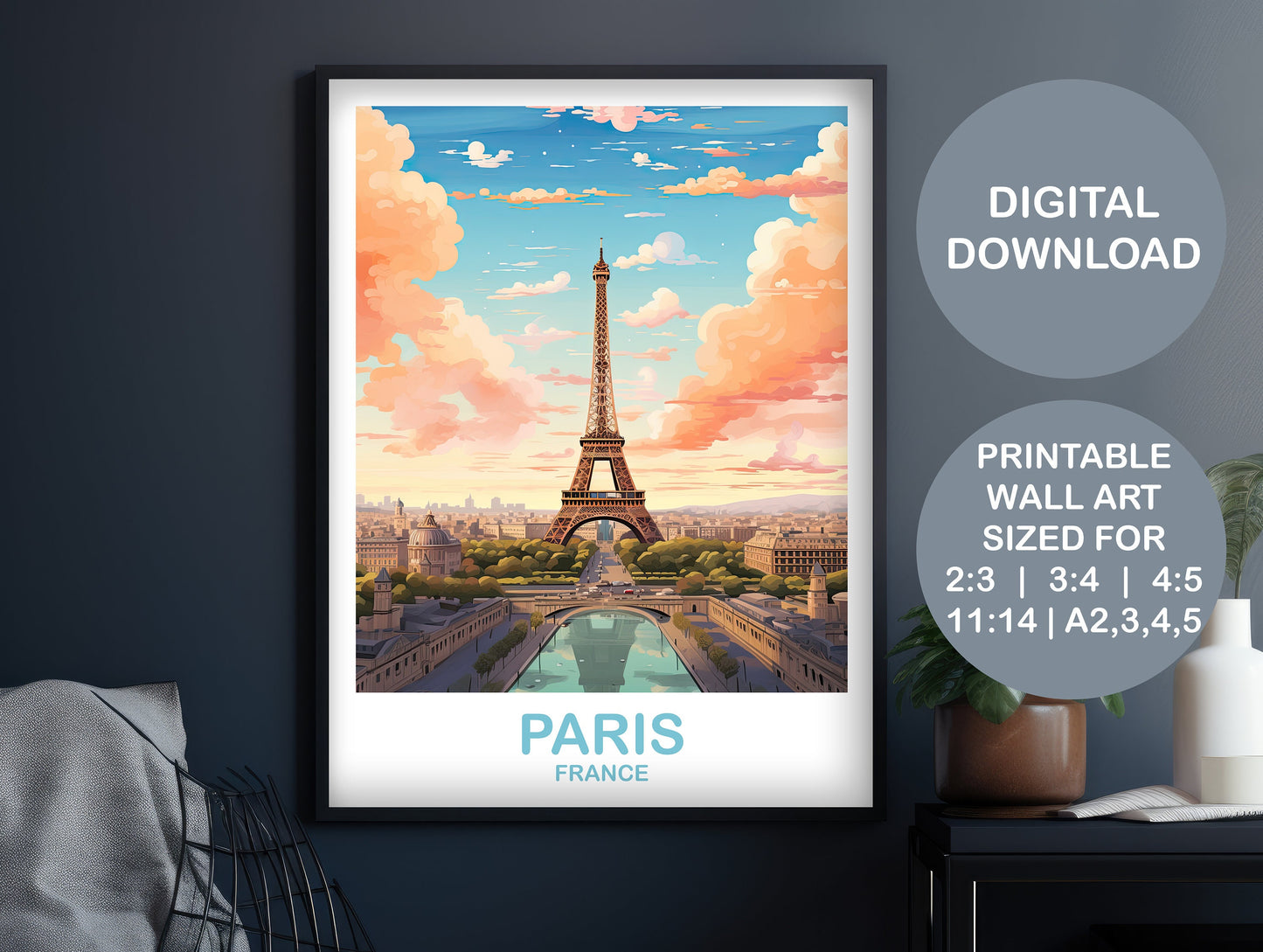 Digital Paris Travel Art, Paris Skyline, Paris Wall Art, Printable Paris France Poster, Eiffel Tower Wall Art, Printable Art | DT2EU_FRPA1