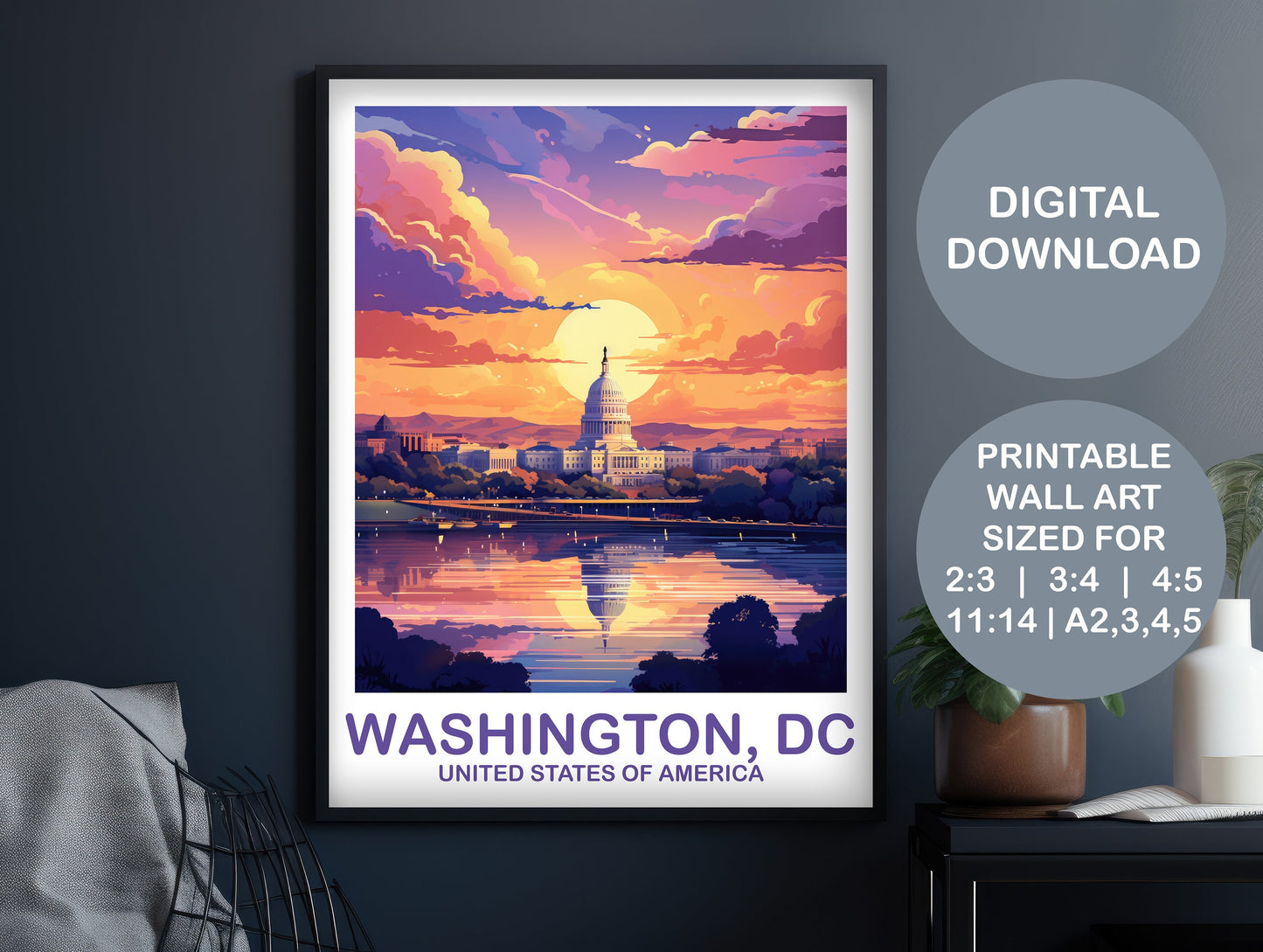 Digital Washington DC Travel Print Wall Art, Washington DC Wall Art, Capital Hill Poster, City Skyline Sunset Wall Art | DT2NA_DCWA1