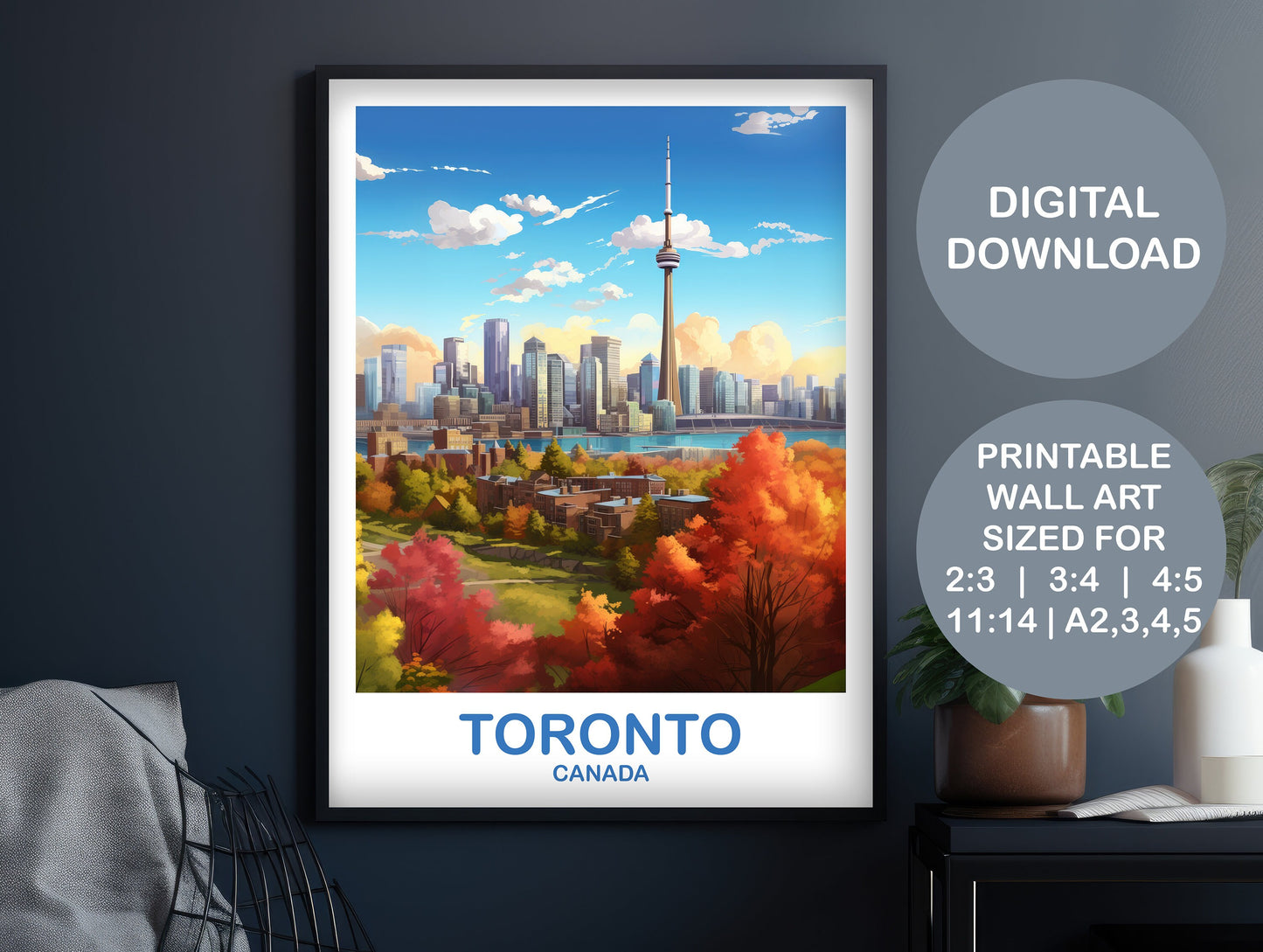 Printable Toronto Travel Wall Print, Ontario Travel, Digital Toronto Wall Art, City Skyline Wall Art, Fall Travel Art, Bright | DT2NA_ONTO2