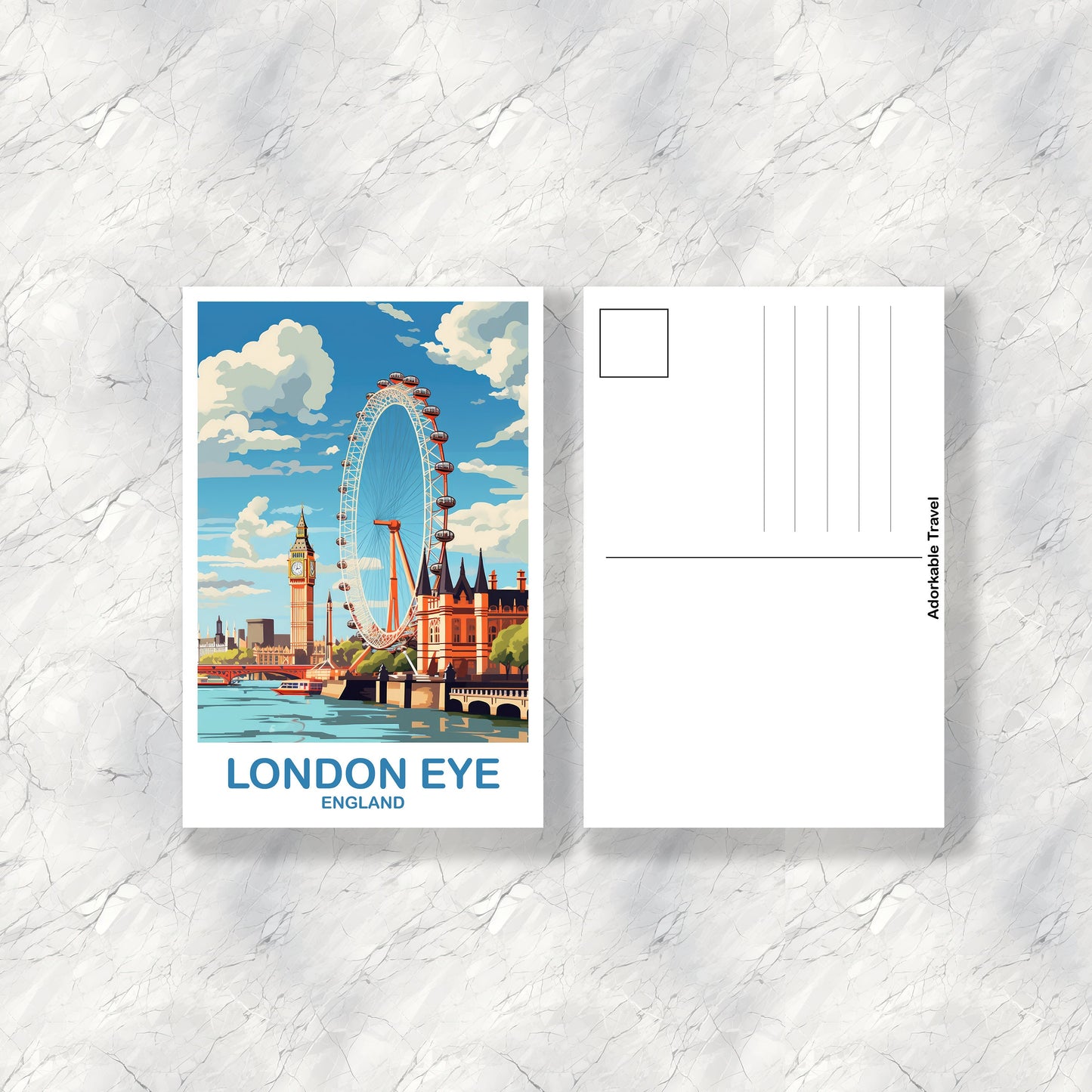 London Eye Travel Postcard, London Travel Art, England Postcard, Big Ben Travel Postcard Art, England Travel Art | T2EU_ENL5_P