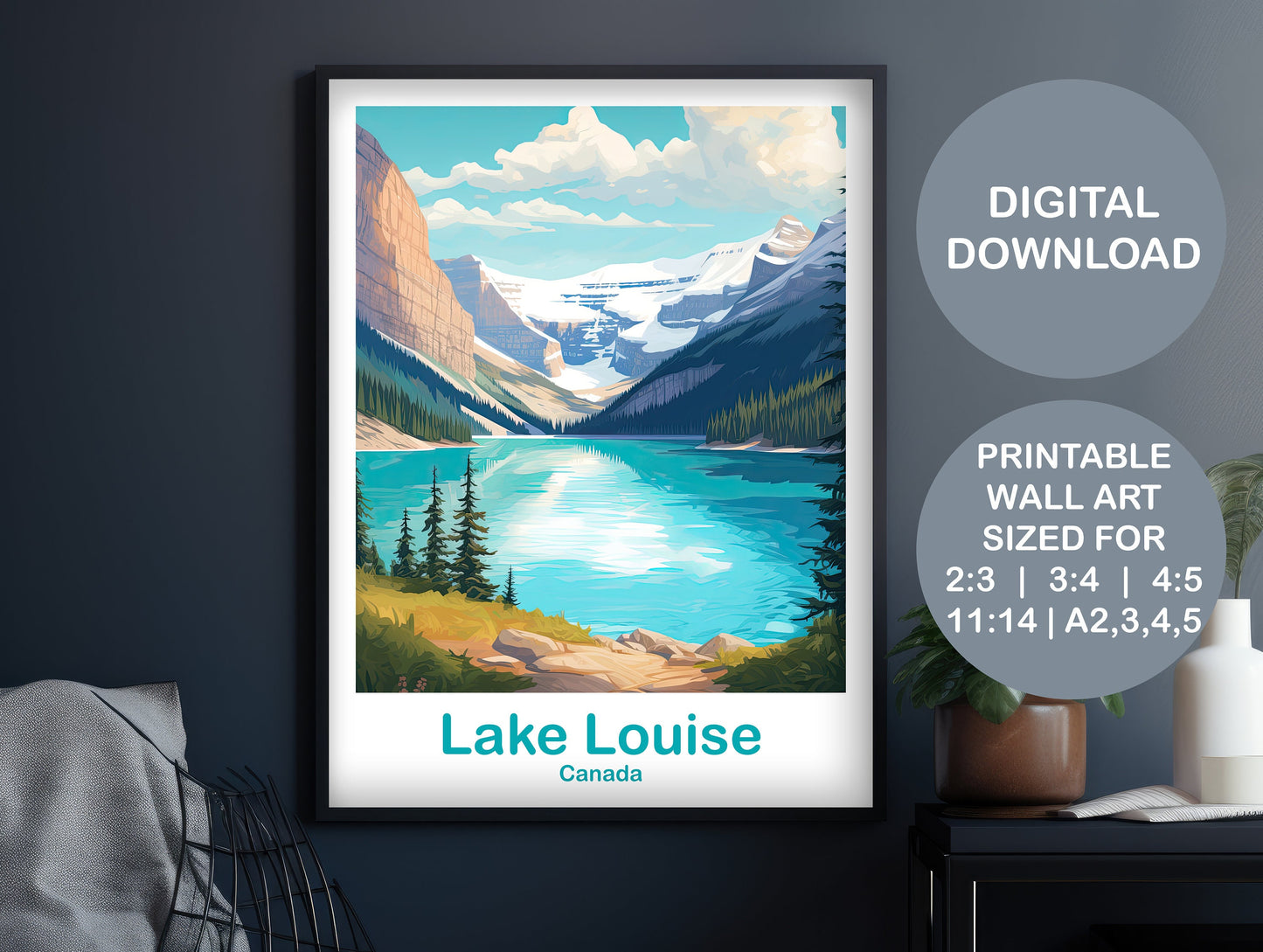 Digital Lake Louise Travel Print, Alberta Wall Art, Downloadable Lake Louise Poster, Banff Travel Art, Canada Travel Wall Art | DT2NA_ABLL3