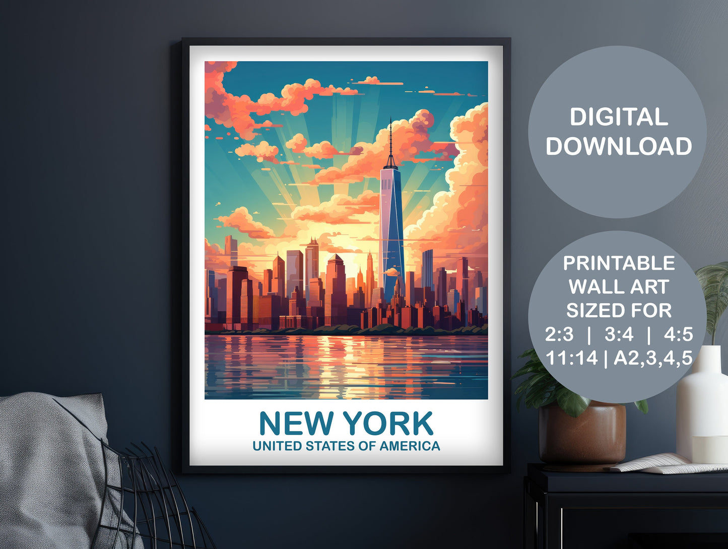 Digital New York Travel Wall Art, Manhattan Skyline, Printable New York Print, Big Apple Poster, Bright and Vibrant Wall Art | DT2NA_NYNY1