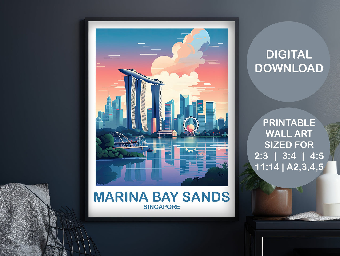 Singapore Travel Print Wall Art, Digital Singapore Art, Downloadable Marina Bay Sands Wall Art, City Skyline Wall Art | DT2AS_SIMBS1