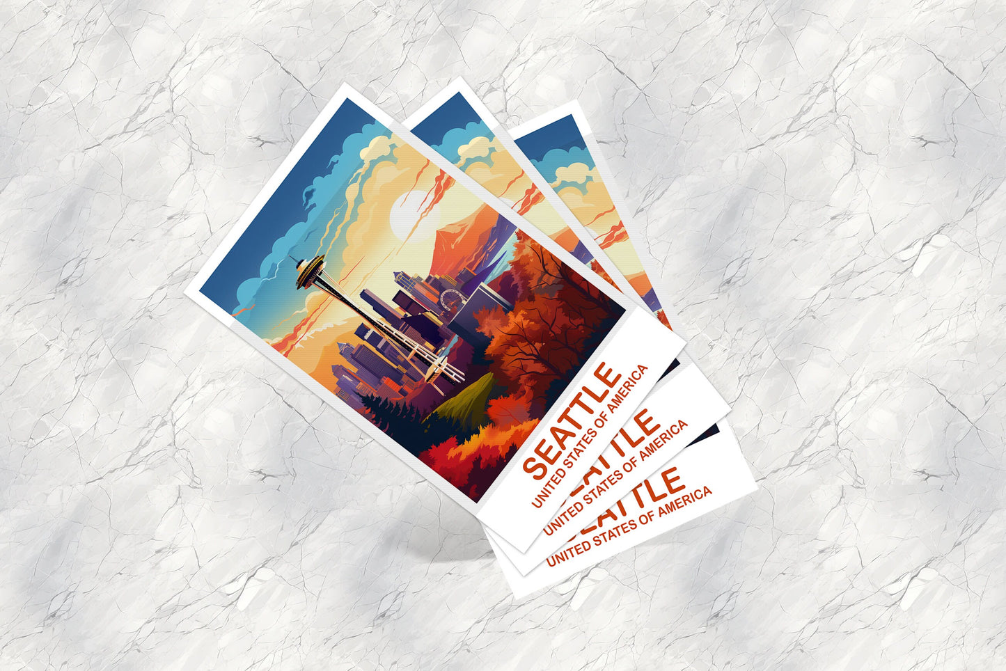 Seattle Travel Postcard Art, Seatle Skyline Postcard, Seatle Postcard, City Skyline Sunset Postcard, North America, Postcard | T2NA_WASE1_P
