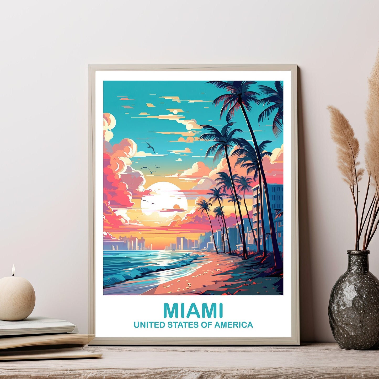 Miami Florida Travel Print, Miami Travel Wall Art, Florida Wall Art Poster, City Skyline Wall Art, Miami Wall Art | T2NA_FLMI1