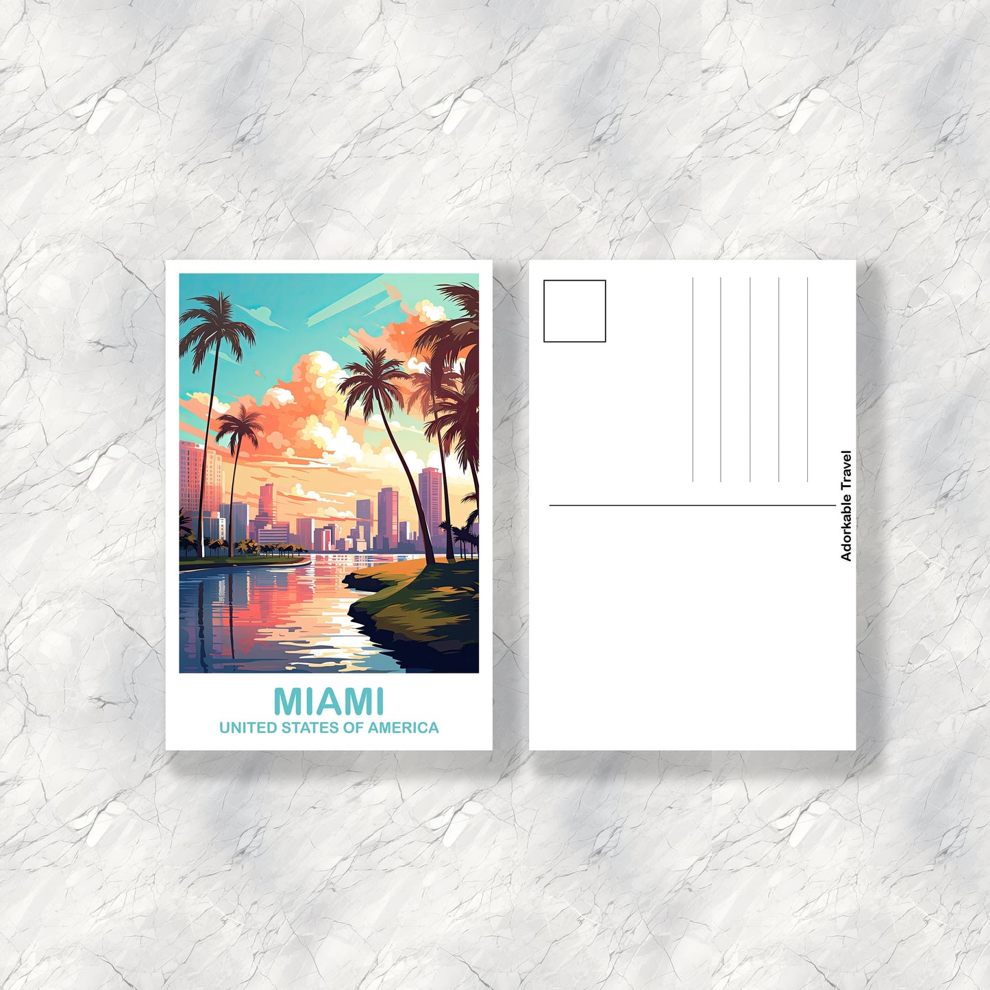 Miami Florida Travel Postcard, Miami Travel Art Postcard, Florida Art Postcard, City Skyline Postcard, Miami Florida Art | T2NA_FLMI3_P