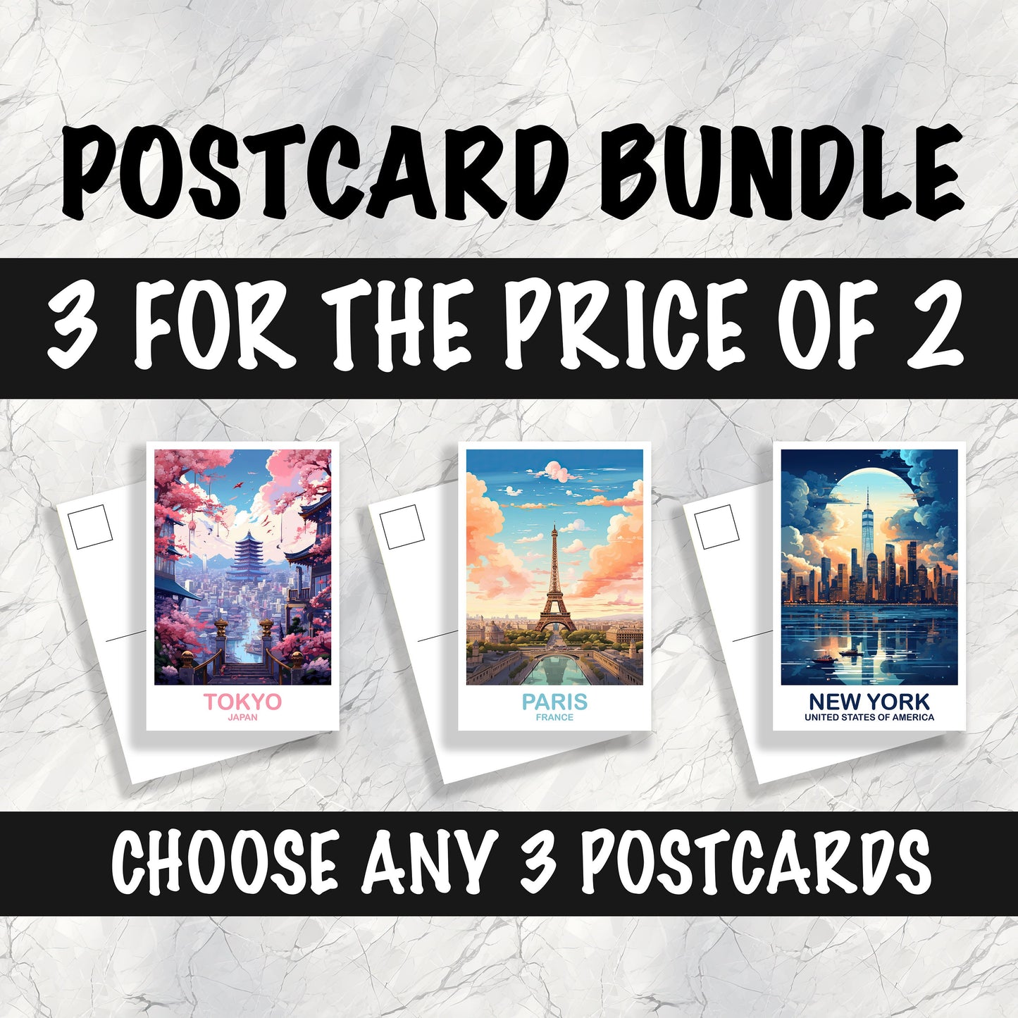 3 Custom Travel Postcards, Travel Postcard Set, Set of Three City Postcards, Any Three Locations, Personalized City Postcards, Travel Bundle