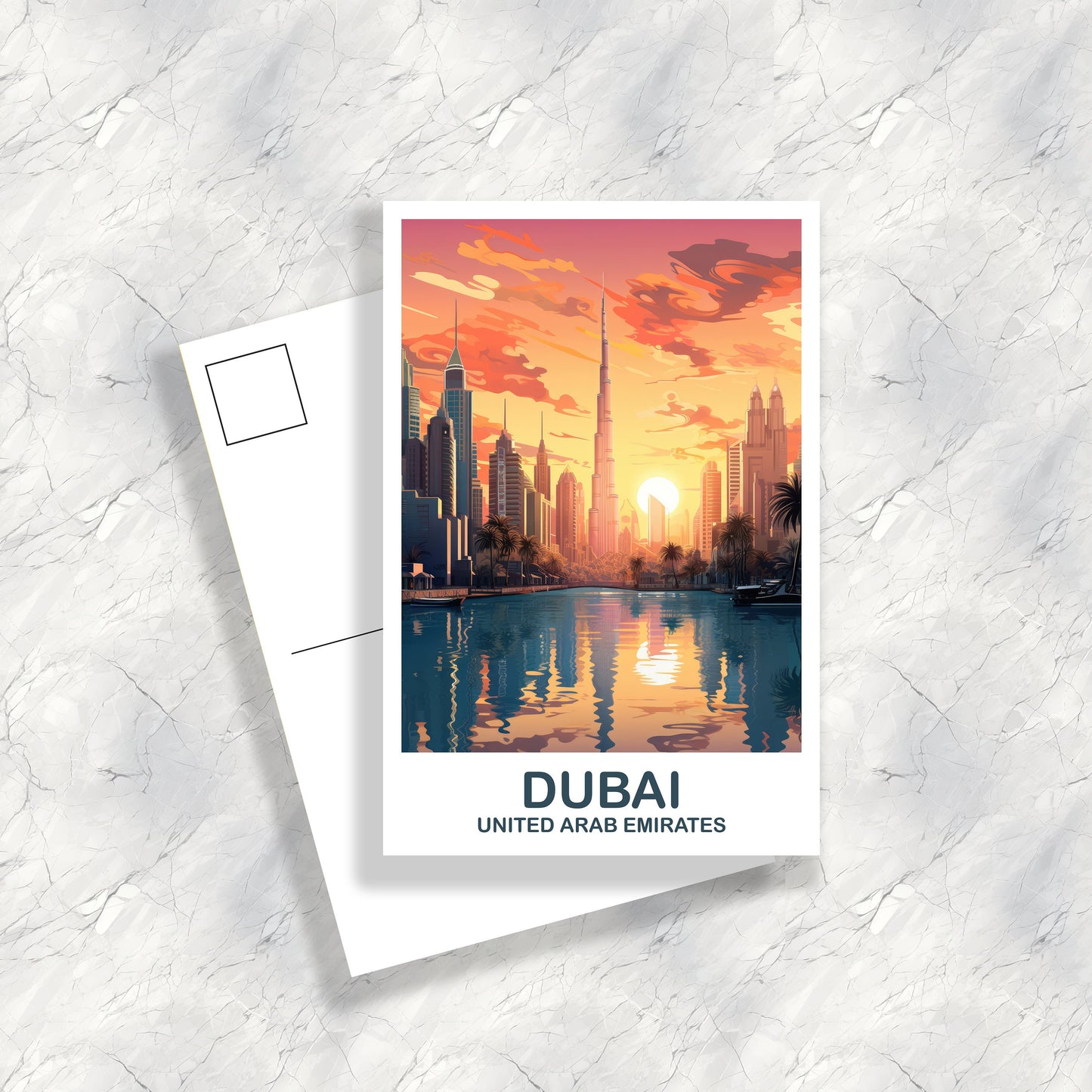 Dubai Travel Art Postcard, Dubai Skyline, Dubai Art Postcard, City Skyline Wall Art, Vibrant Sunset, Travel Art Postcard | T2AS_UAEDU2_P