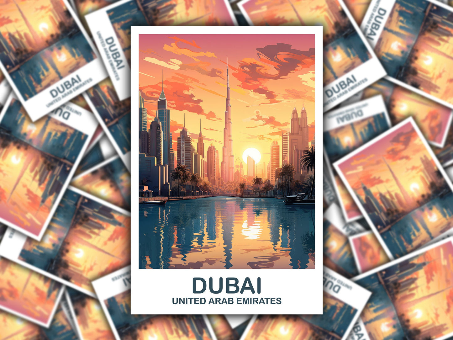 Dubai Travel Art Sticker, Dubai Skyline, Dubai Art Sticker, City Skyline Sticker Art, Vibrant Sunset, Travel Art Sticker | T2AS_UAEDU2_S