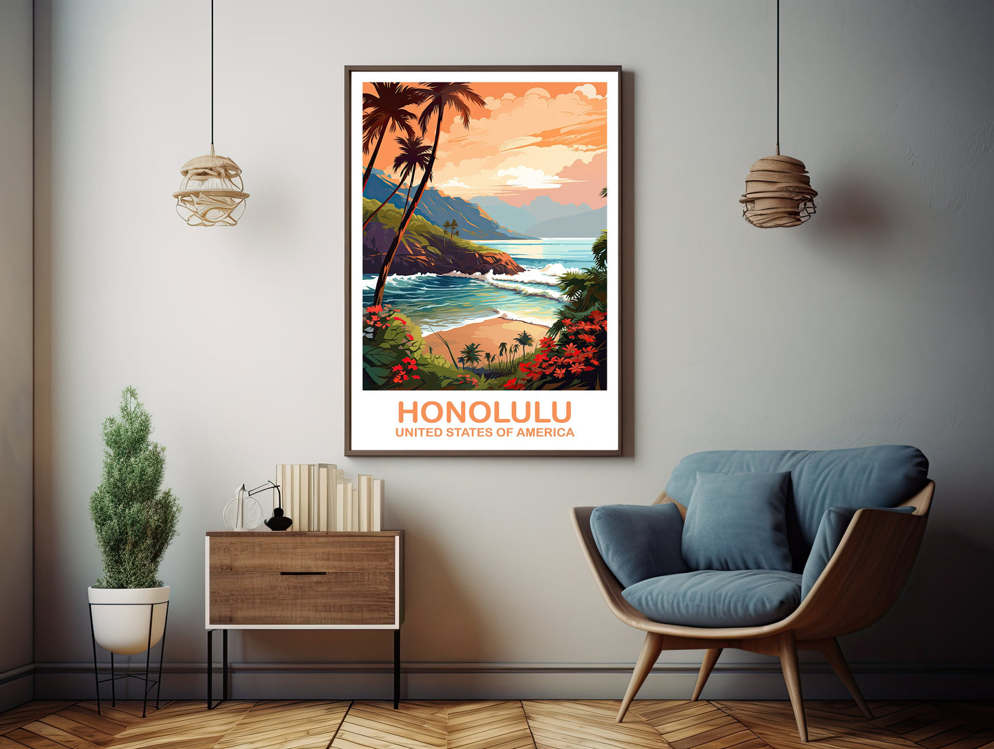 Honolulu Travel Wall Art, Hawaii Travel Wall Art, Honolulu Wall Art Poster, City Skyline Wall Art, USA Travel Wall Art | T2NA_HAHO1