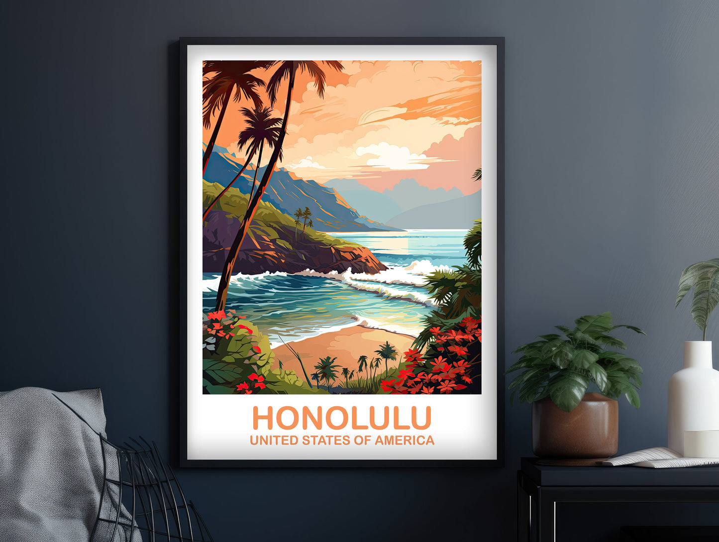 Honolulu Travel Wall Art, Hawaii Travel Wall Art, Honolulu Wall Art Poster, City Skyline Wall Art, USA Travel Wall Art | T2NA_HAHO1