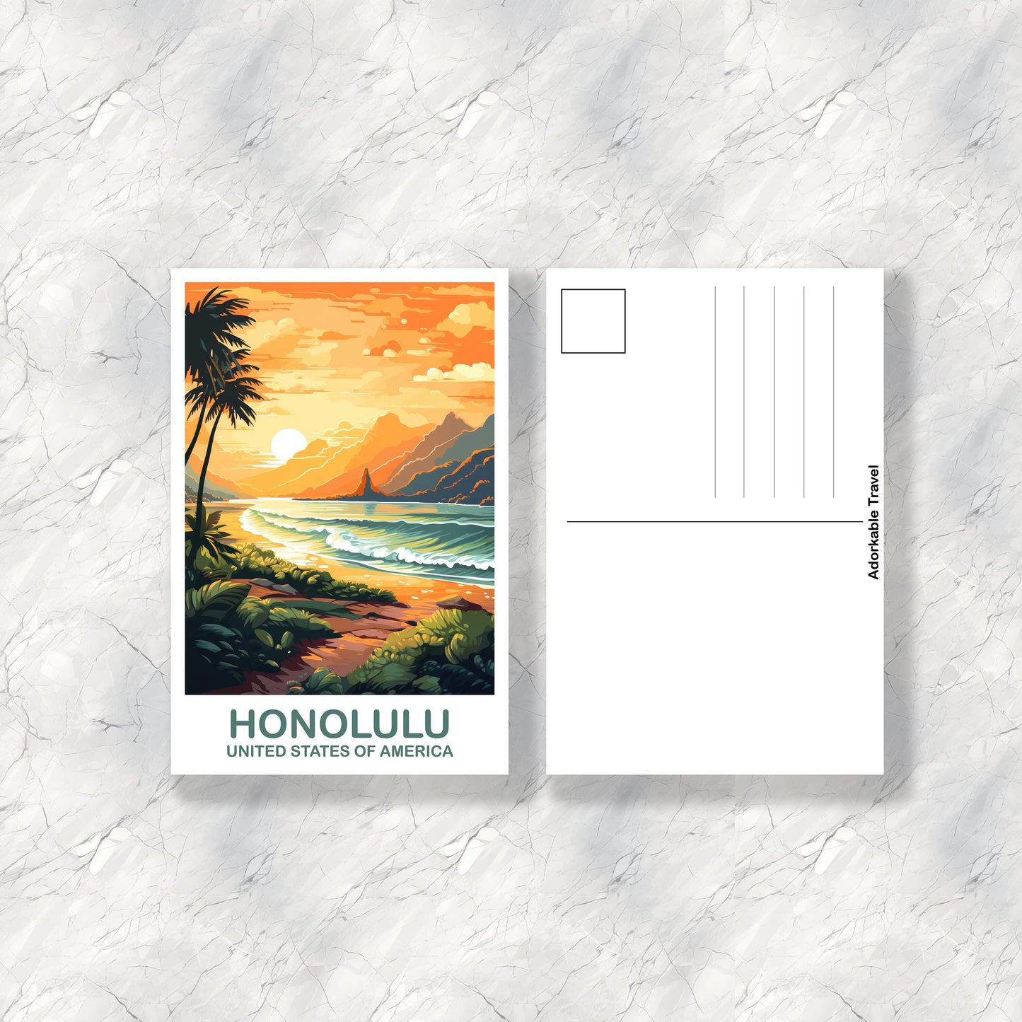 Honolulu Travel Postcard Art, Hawaii Travel Postcard Art, Honolulu Wall Art Postcard, City Skyline Art, USA Travel Postcard | T2NA_HAHO2_P