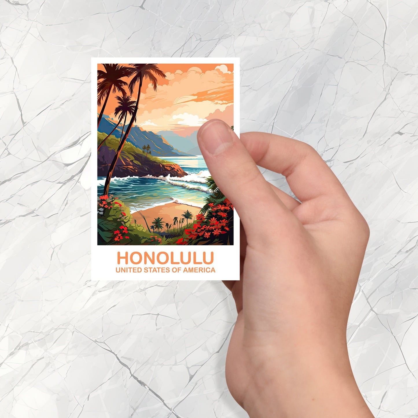 Honolulu Travel Sticker Art, Hawaii Travel Sticker Art, Honolulu Art Sticker, City Skyline Art, USA Travel Sticker | T2NA_HAHO1_S