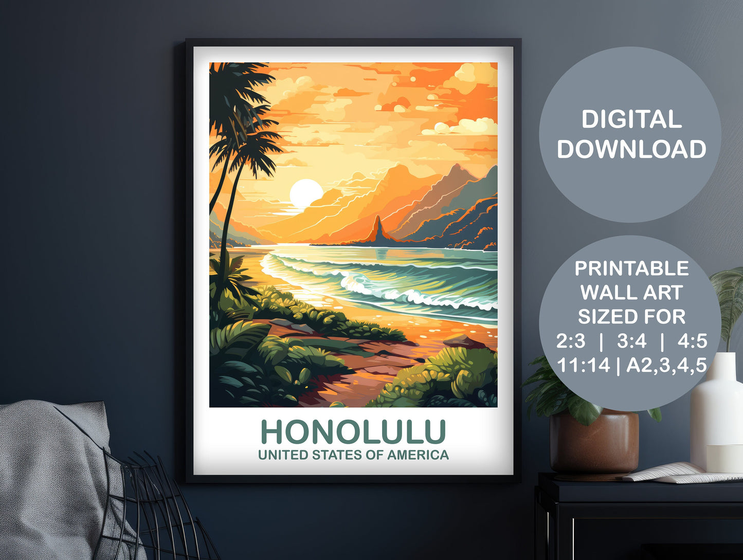 Digital Honolulu Travel Art, Hawaii Travel Wall Art, Printable Honolulu Wall Art, City Skyline Wall Art, USA Travel Wall Art | DT2NA_HAHO2