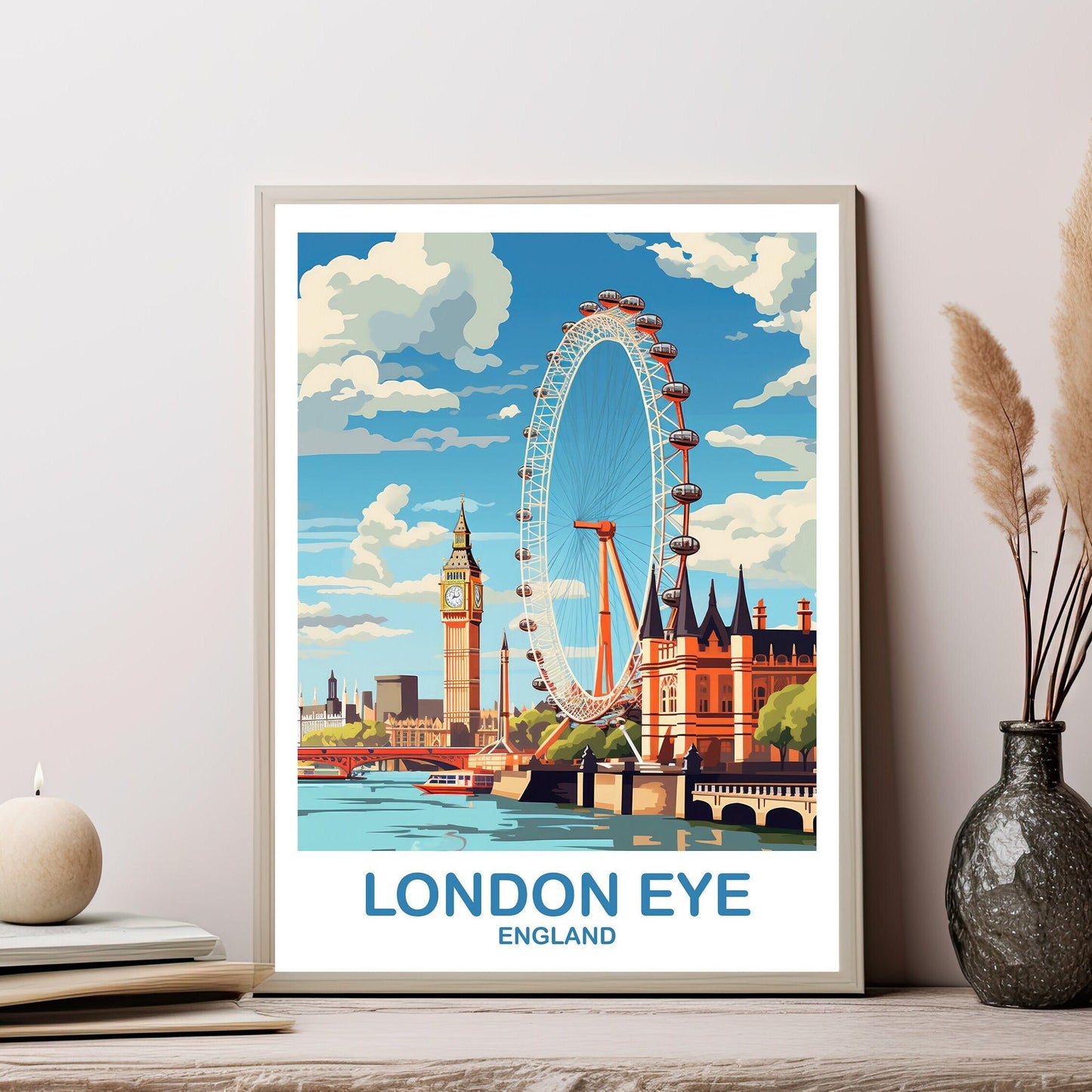 London Eye Travel Art Poster, London Travel Art, England Poster, Big Ben Travel Wall Art, England Travel Wall Art | T2EU_ENLO5