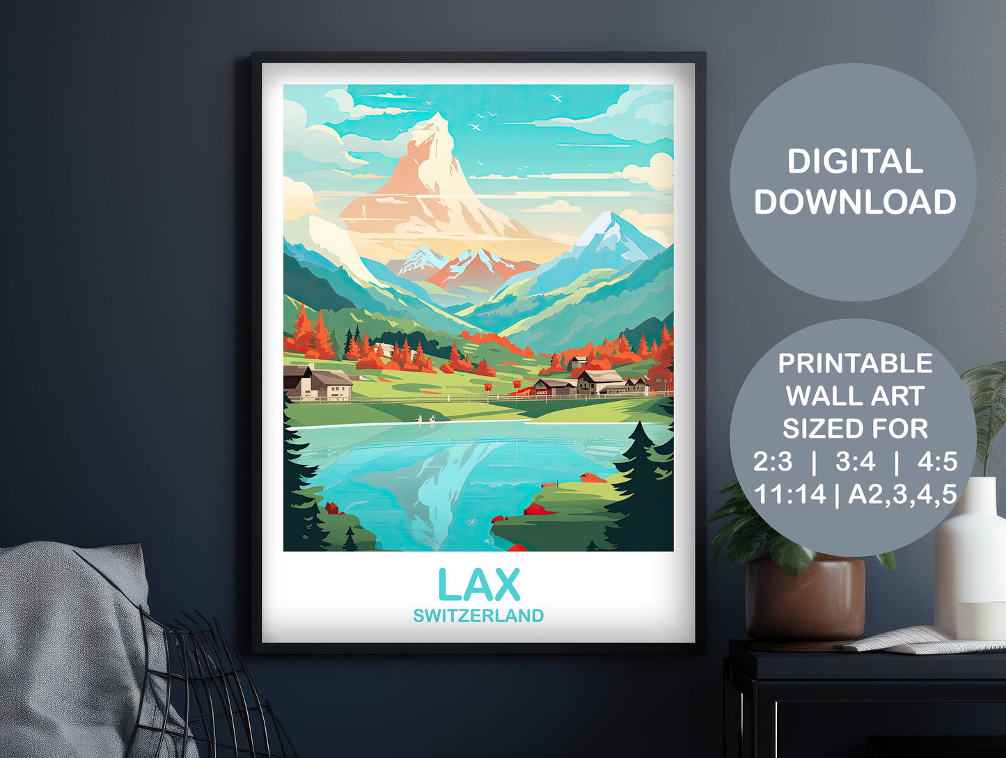 LAX Travel Wall Art, Digital LAX Switzerland Wall Art, Printable Switzerland Wall Art Poster, City Skyline Sunset Wall Art | DT2EU_SWLA1