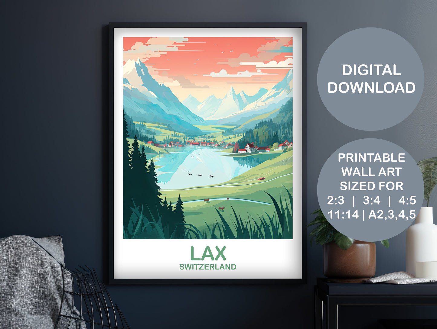LAX Travel Wall Art, Digital LAX Switzerland Wall Art, Printable Switzerland Wall Art Poster, City Skyline Sunset Wall Art | DT2EU_SWLA2