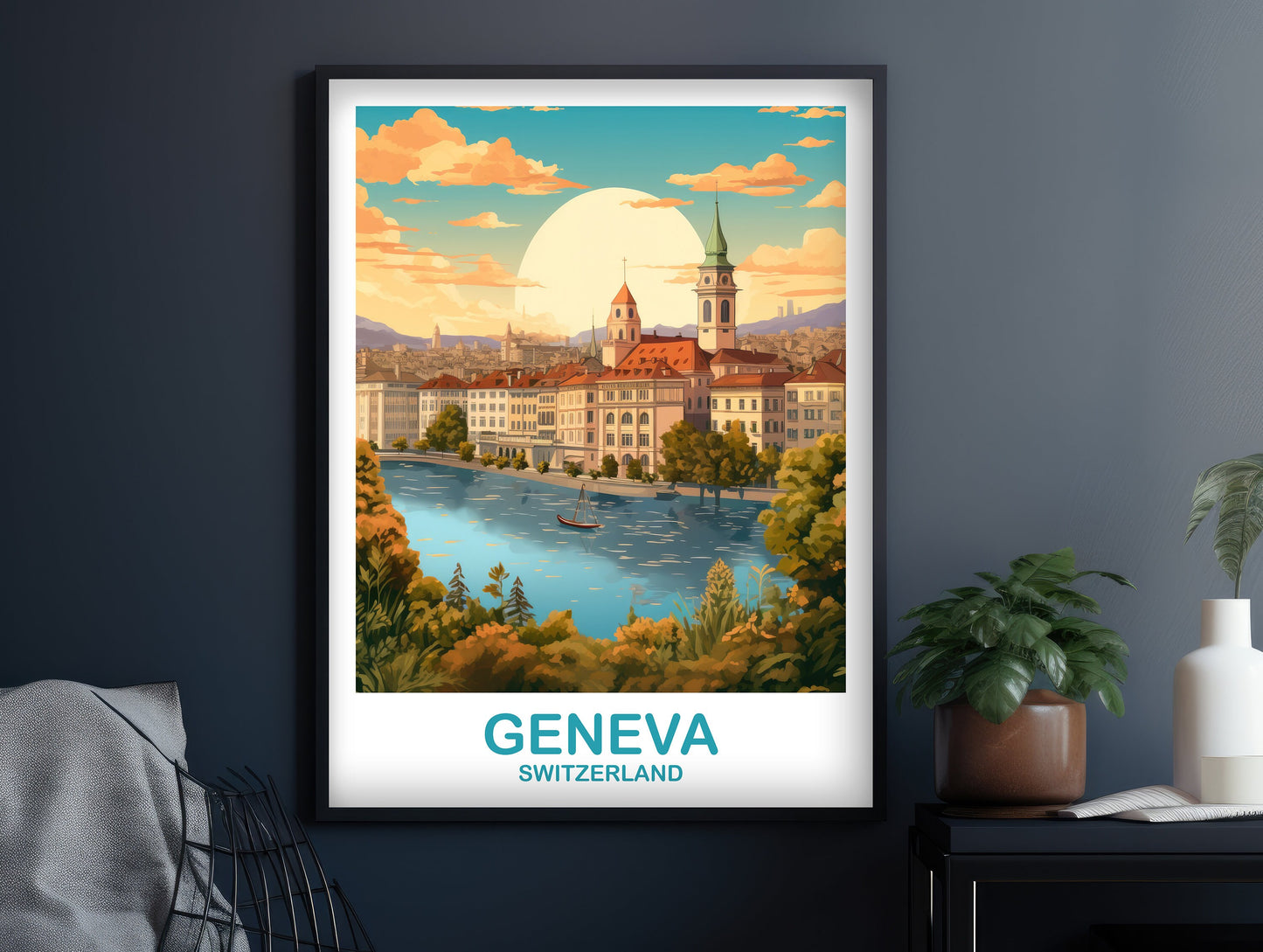 Geneva Travel Wall Art, Geneva Switzerland Wall Art, Switzerland Wall Art Poster, City Skyline Sunset Wall Art | T2EU_SWGE2