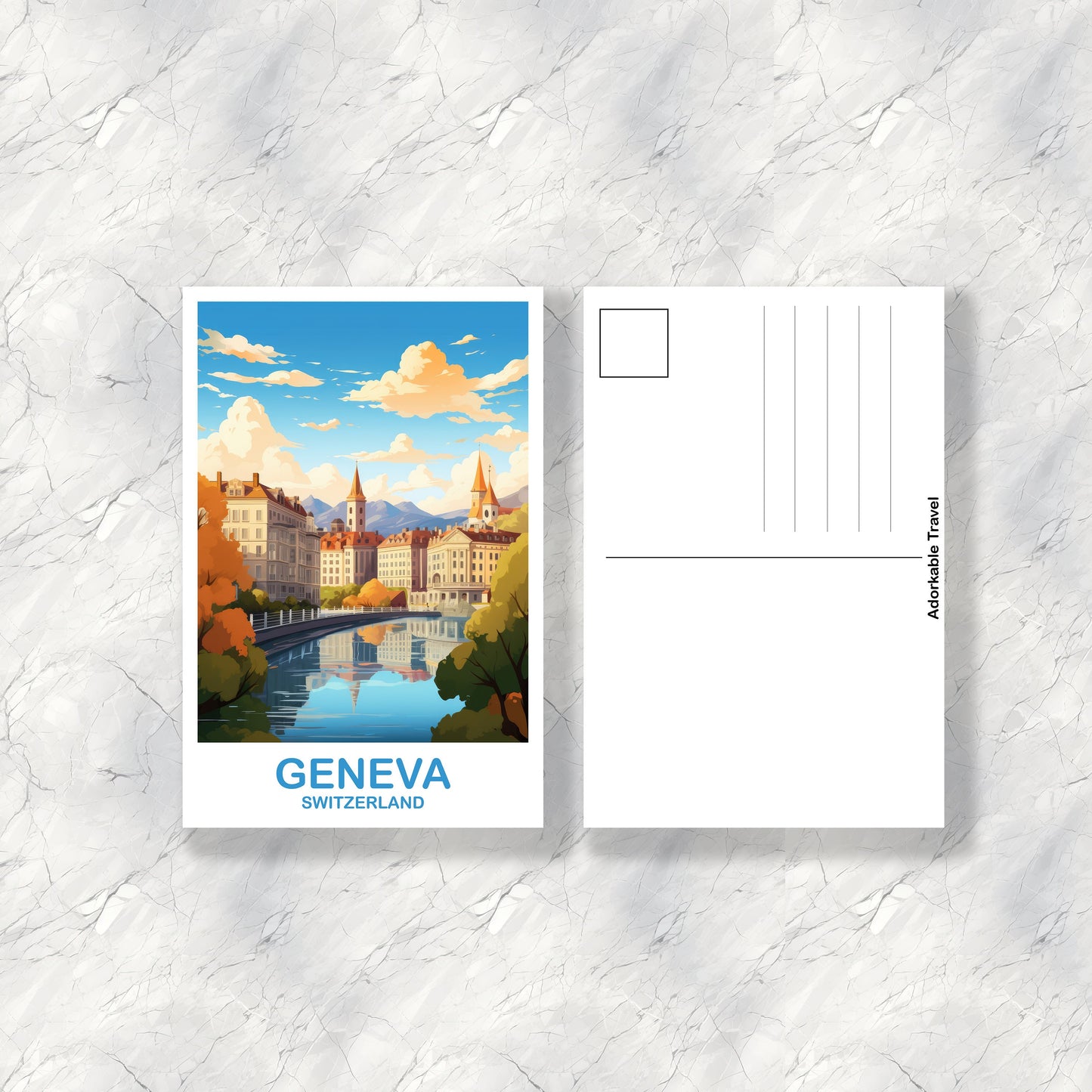 Geneva Travel Postcard Art, Geneva Switzerland Postcard Art, Switzerland Art Postcard, City Skyline Sunset Art | T2EU_SWGE1_P
