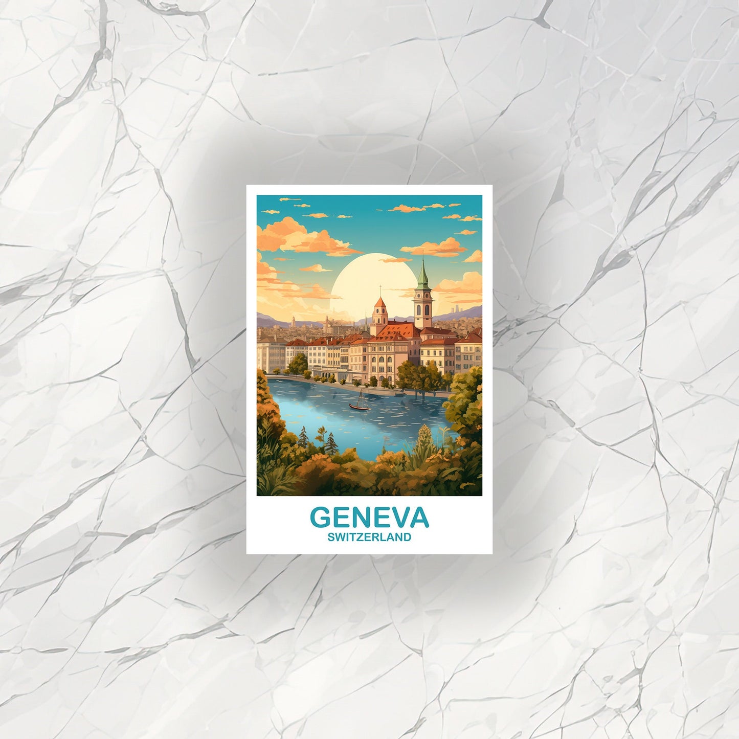Geneva Travel Sticker Art, Geneva Switzerland Art Sticker, Switzerland Art Sticker, City Skyline Sunset Art | T2EU_SWGE2_S
