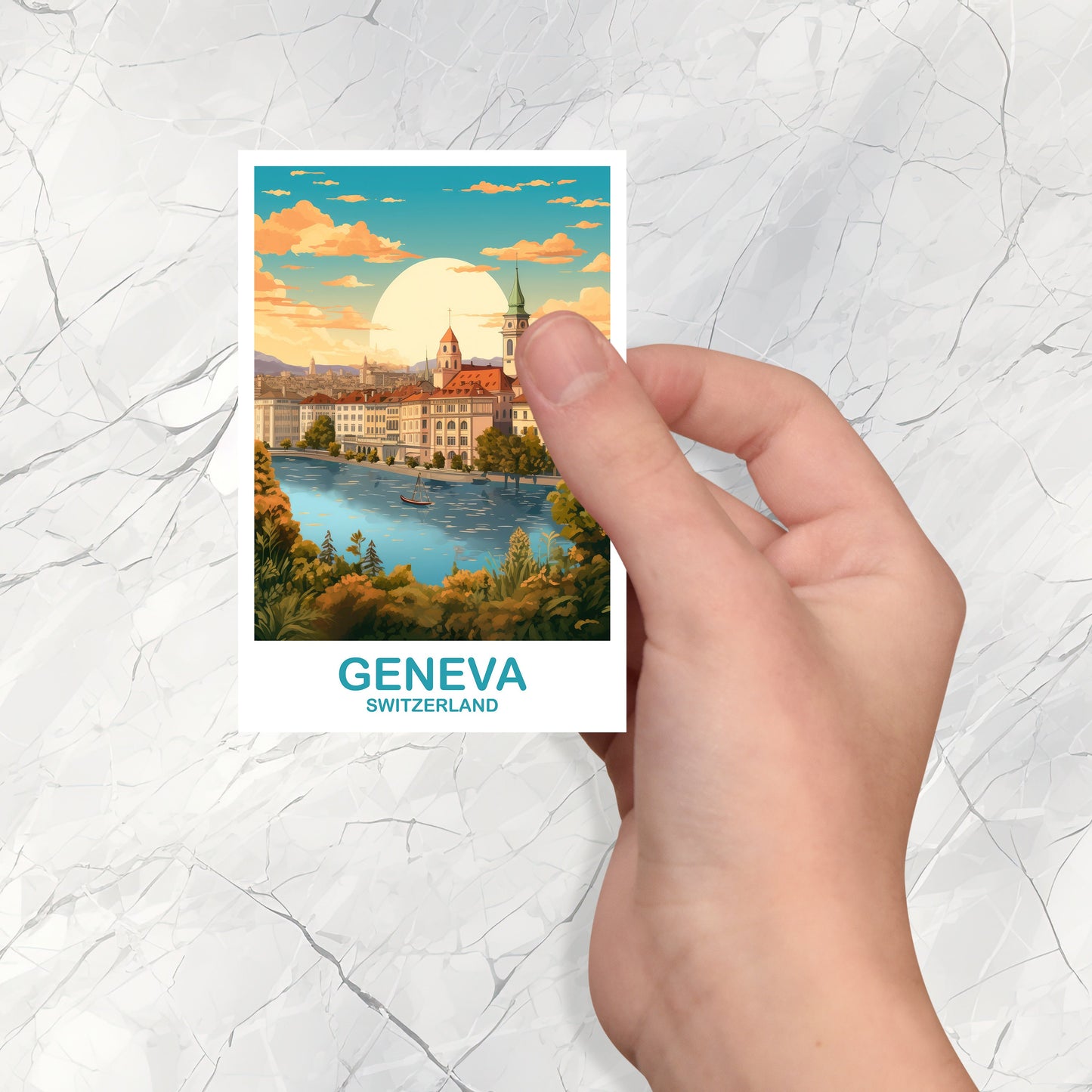 Geneva Travel Sticker Art, Geneva Switzerland Art Sticker, Switzerland Art Sticker, City Skyline Sunset Art | T2EU_SWGE2_S