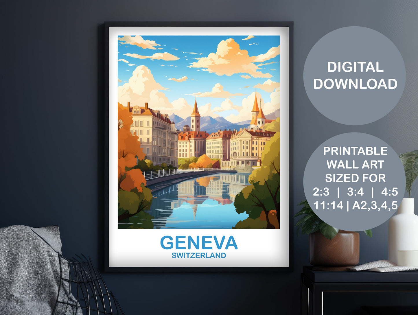 Geneva Travel Wall Art, Digital Geneva Switzerland Wall Art, Printable Switzerland Wall Art, City Skyline Sunset Wall Art | DT2EU_SWGE1
