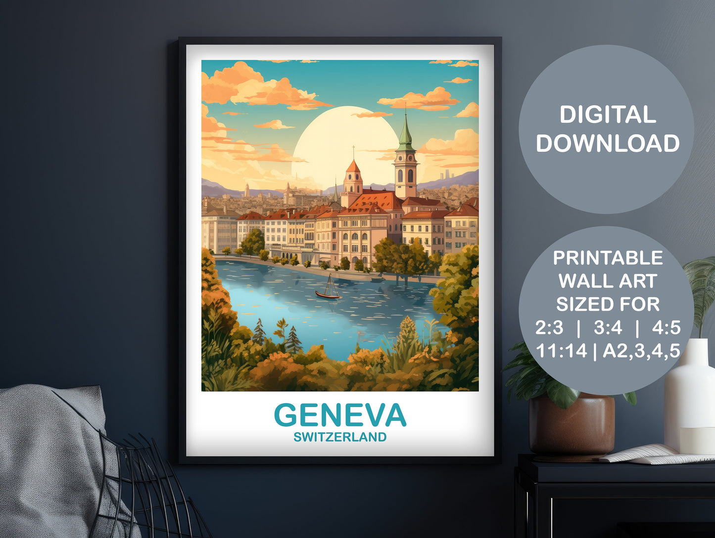 Geneva Travel Wall Art, Digital Geneva Switzerland Wall Art, Printable Switzerland Wall Art, City Skyline Sunset Wall Art | DT2EU_SWGE2