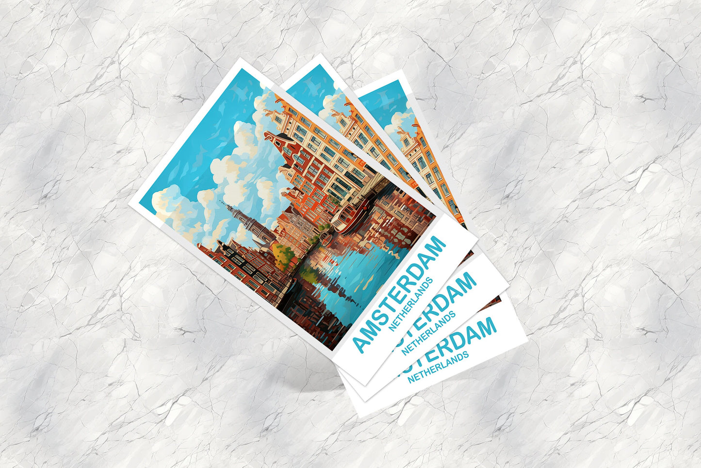 Amsterdam Travel Postcard Art, Netherlands Postcard Art, Amsterdam Art Postcard, City Skyline Sunset Art | T2EU_NEAM1_P