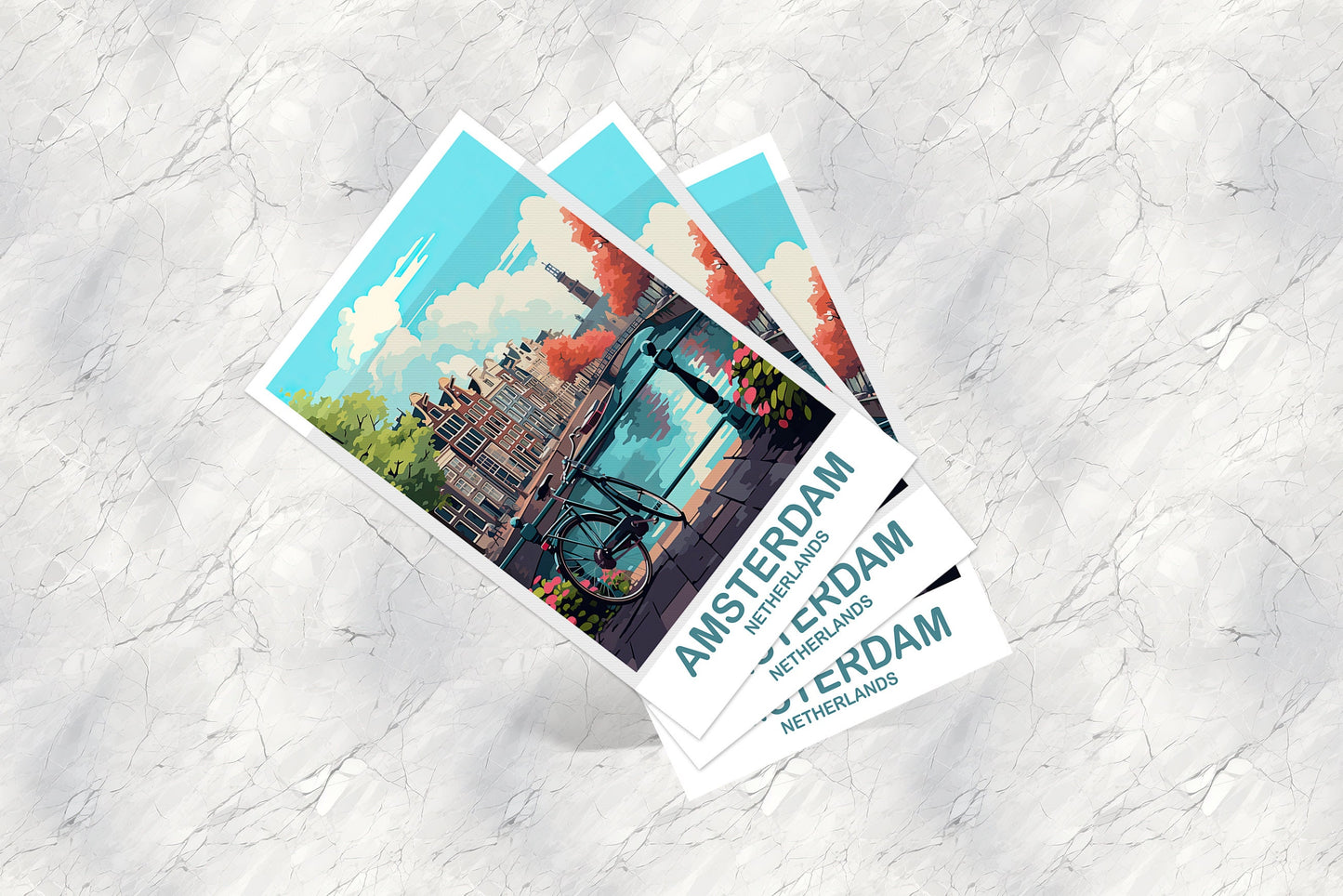 Amsterdam Travel Postcard Art, Netherlands Postcard Art, Amsterdam Art Postcard, City Skyline Sunset Art | T2EU_NEAM2_P