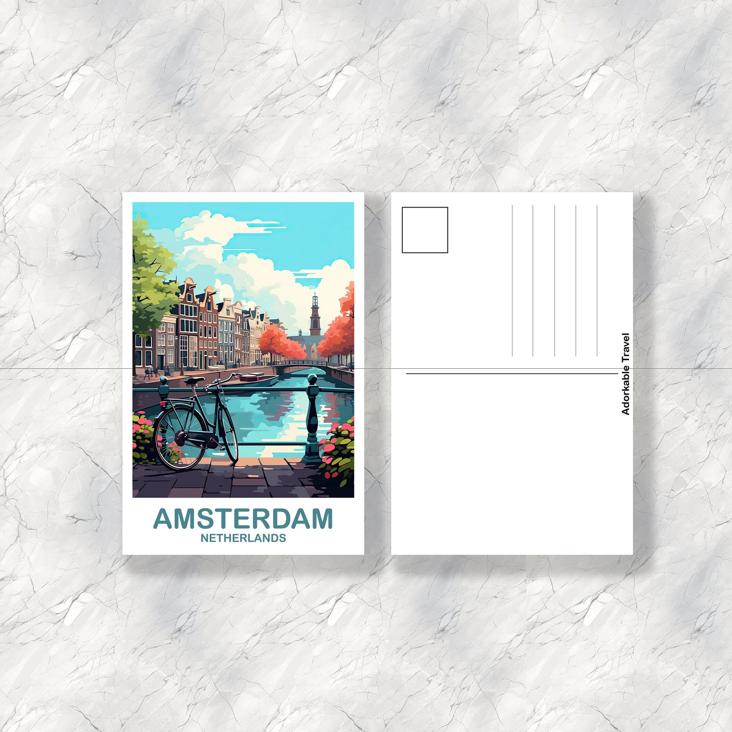 Amsterdam Travel Postcard Art, Netherlands Postcard Art, Amsterdam Art Postcard, City Skyline Sunset Art | T2EU_NEAM2_P