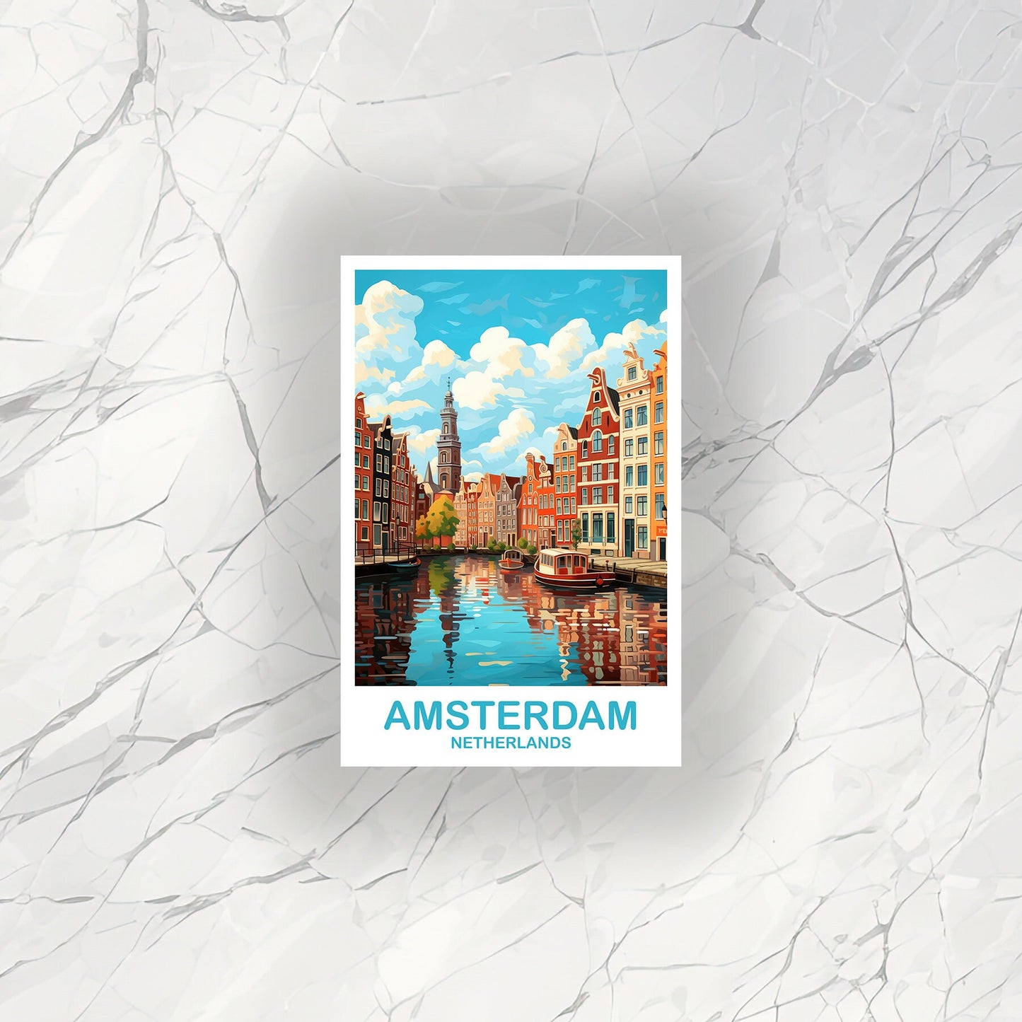 Amsterdam Travel Sticker Art, Netherlands Travel Art, Amsterdam Art Sticker, City Skyline Sunset Art | T2EU_NEAM1_S