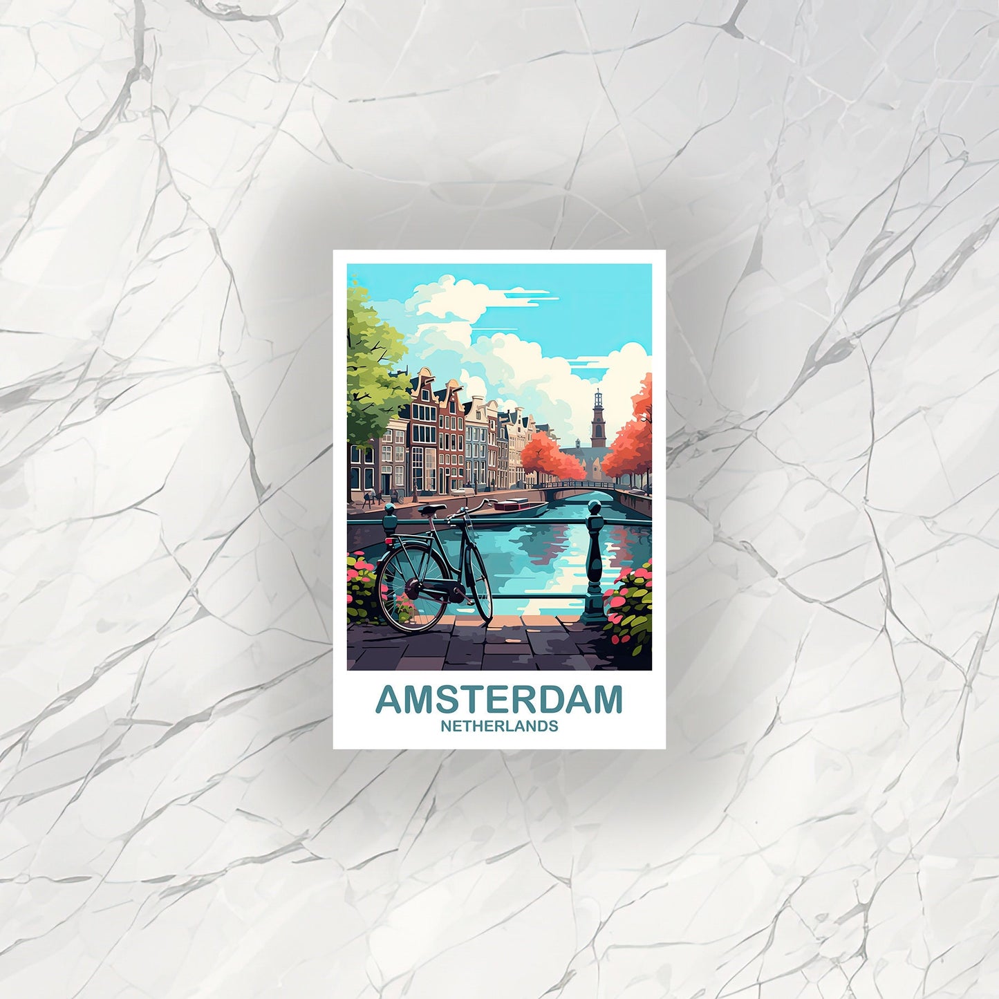 Amsterdam Travel Sticker Art, Netherlands Travel Art, Amsterdam Art Sticker, City Skyline Sunset Art | T2EU_NEAM2_S