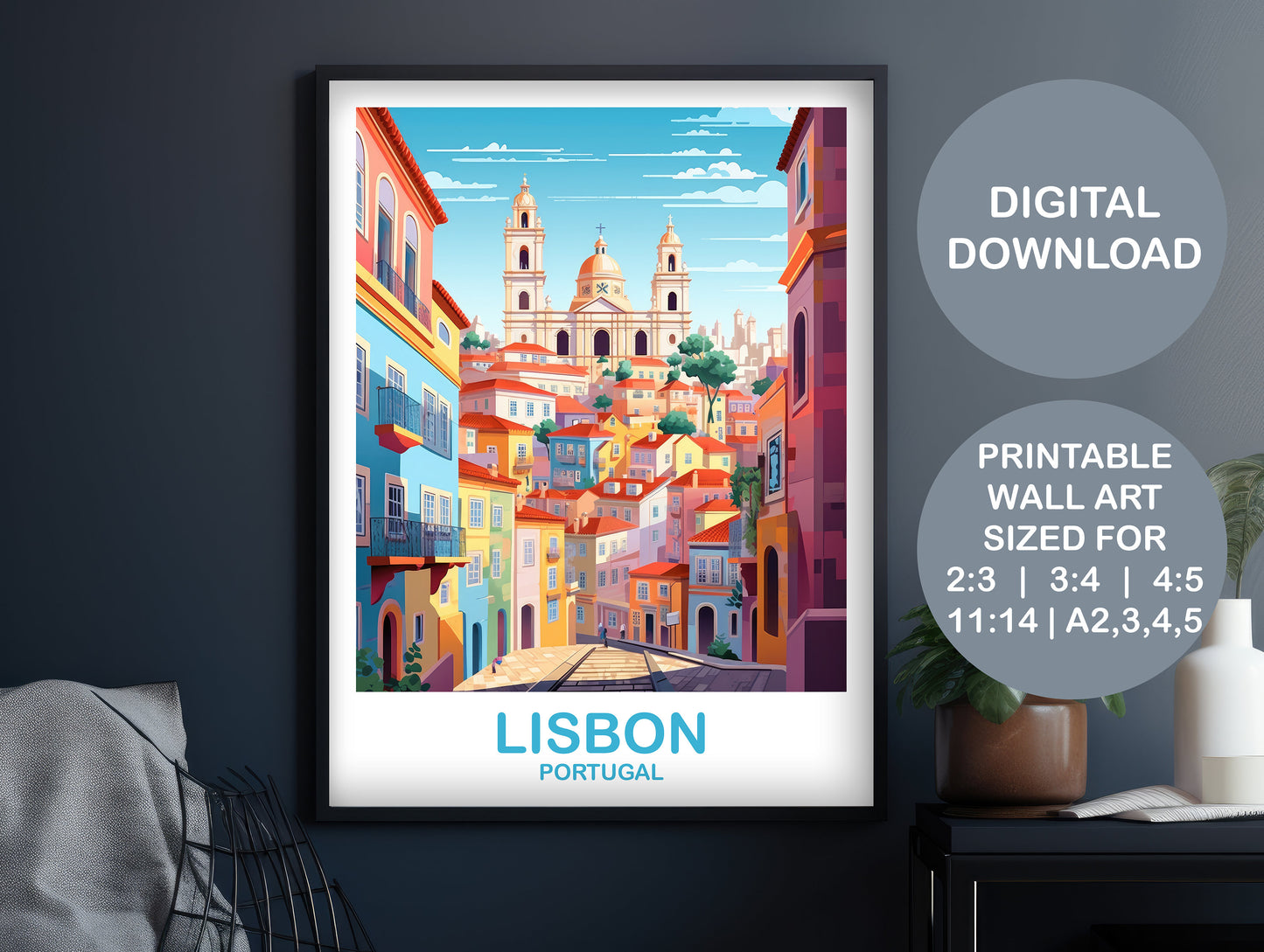 Lisbon Travel Wall Art, Digital Portugal Travel Art, Lisbon Wall Art, Printable Europe Travel Art, City Skyline Sunset Art | DT2EU_POLI1