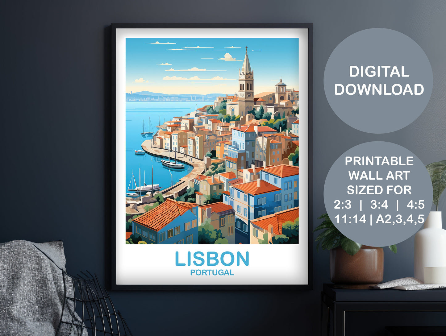 Lisbon Travel Wall Art, Digital Portugal Travel Art, Lisbon Wall Art, Printable Europe Travel Art, City Skyline Sunset Art | DT2EU_POLI2