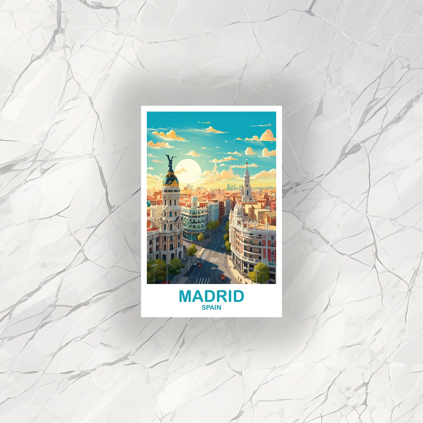 Madrid Spain Travel Sticker Art, Spain Travel Art, Madrid Sticker Art, Spain Travel Art Sticker, City Skyline Sunset Art | T2EU_SPMA1_S