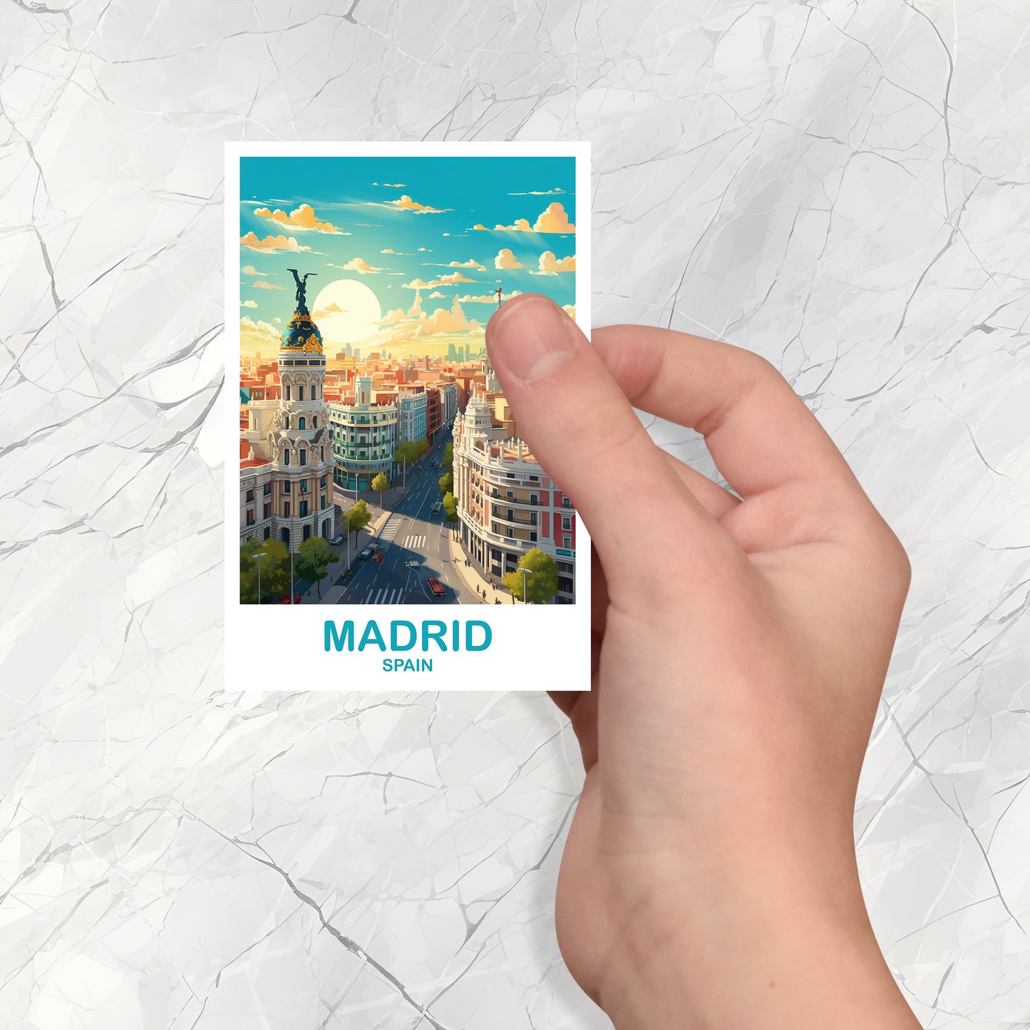 Madrid Spain Travel Sticker Art, Spain Travel Art, Madrid Sticker Art, Spain Travel Art Sticker, City Skyline Sunset Art | T2EU_SPMA1_S