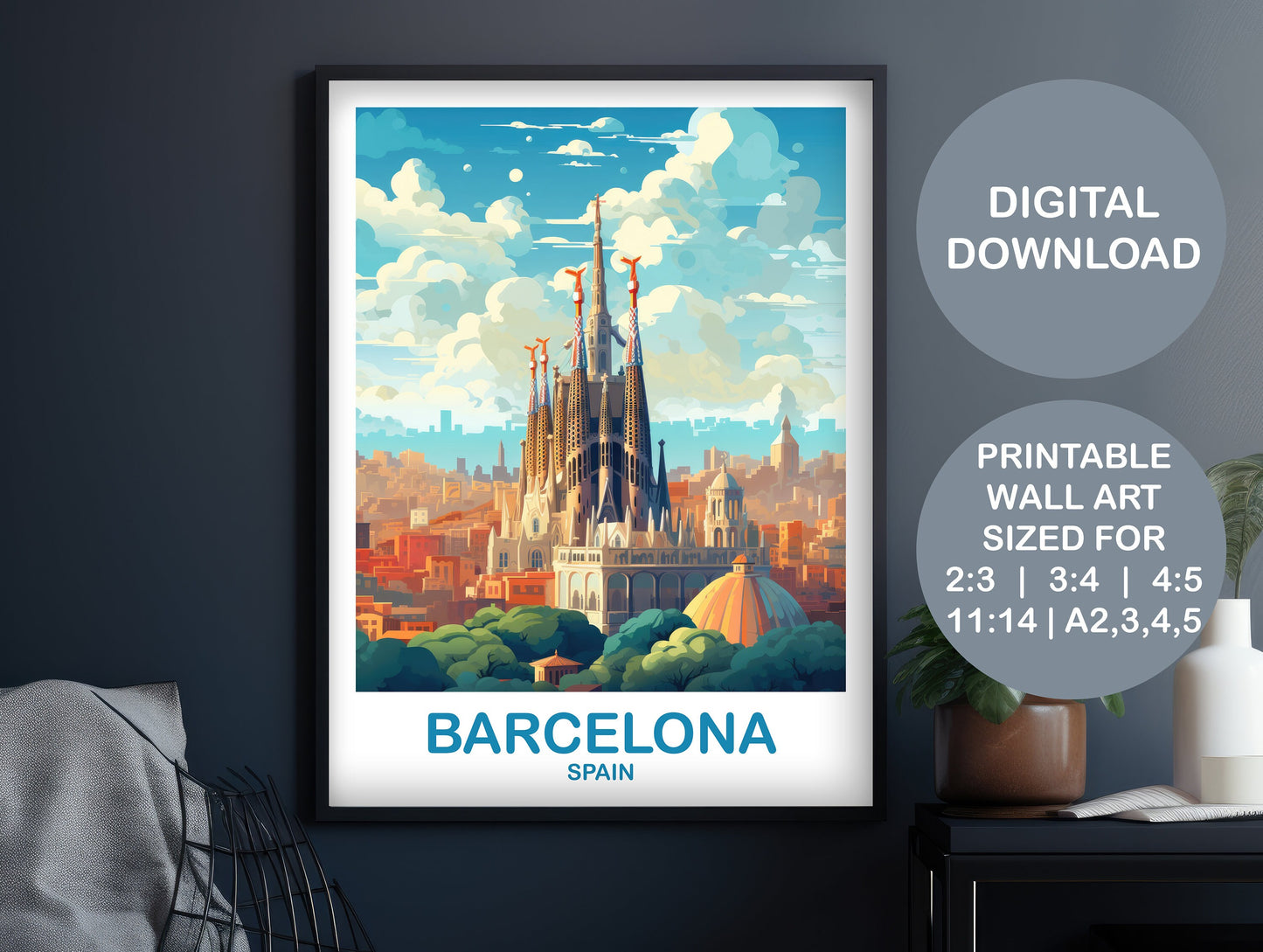 Barcelona Spain Travel Wall Art, Digital Spain Travel Art, Printable Barcelona Wall Art Poster, Spain Travel Art Poster | DT2EU_SPBA1