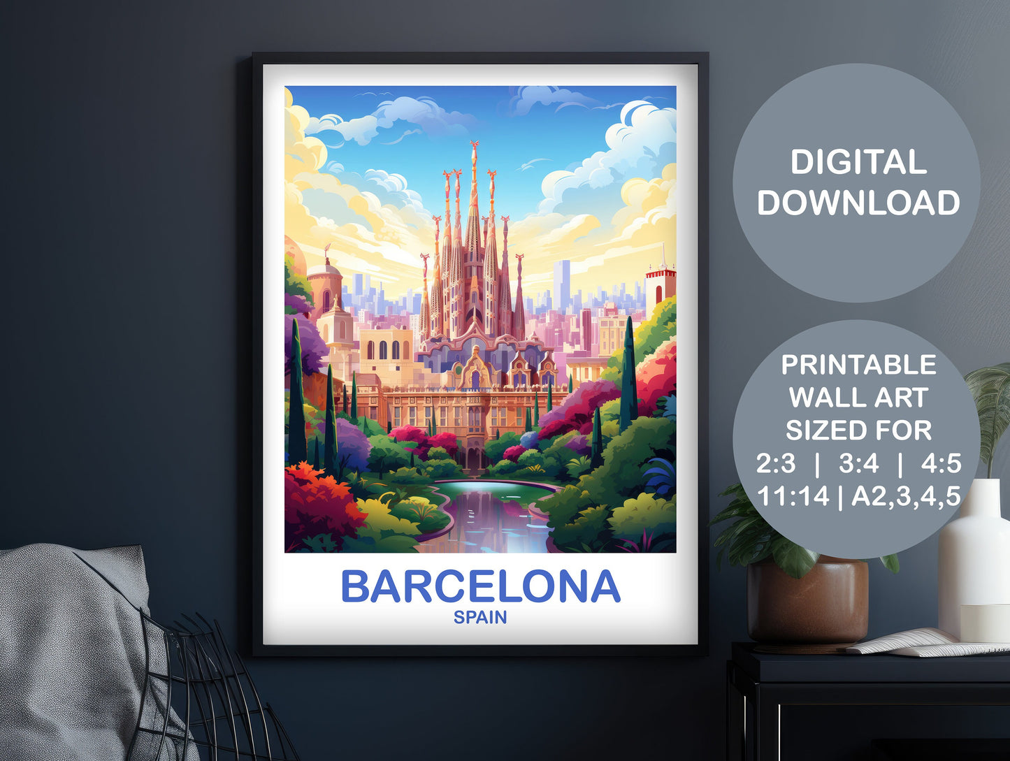 Barcelona Spain Travel Wall Art, Digital Spain Travel Art, Printable Barcelona Wall Art Poster, Spain Travel Art Poster | DT2EU_SPBA2