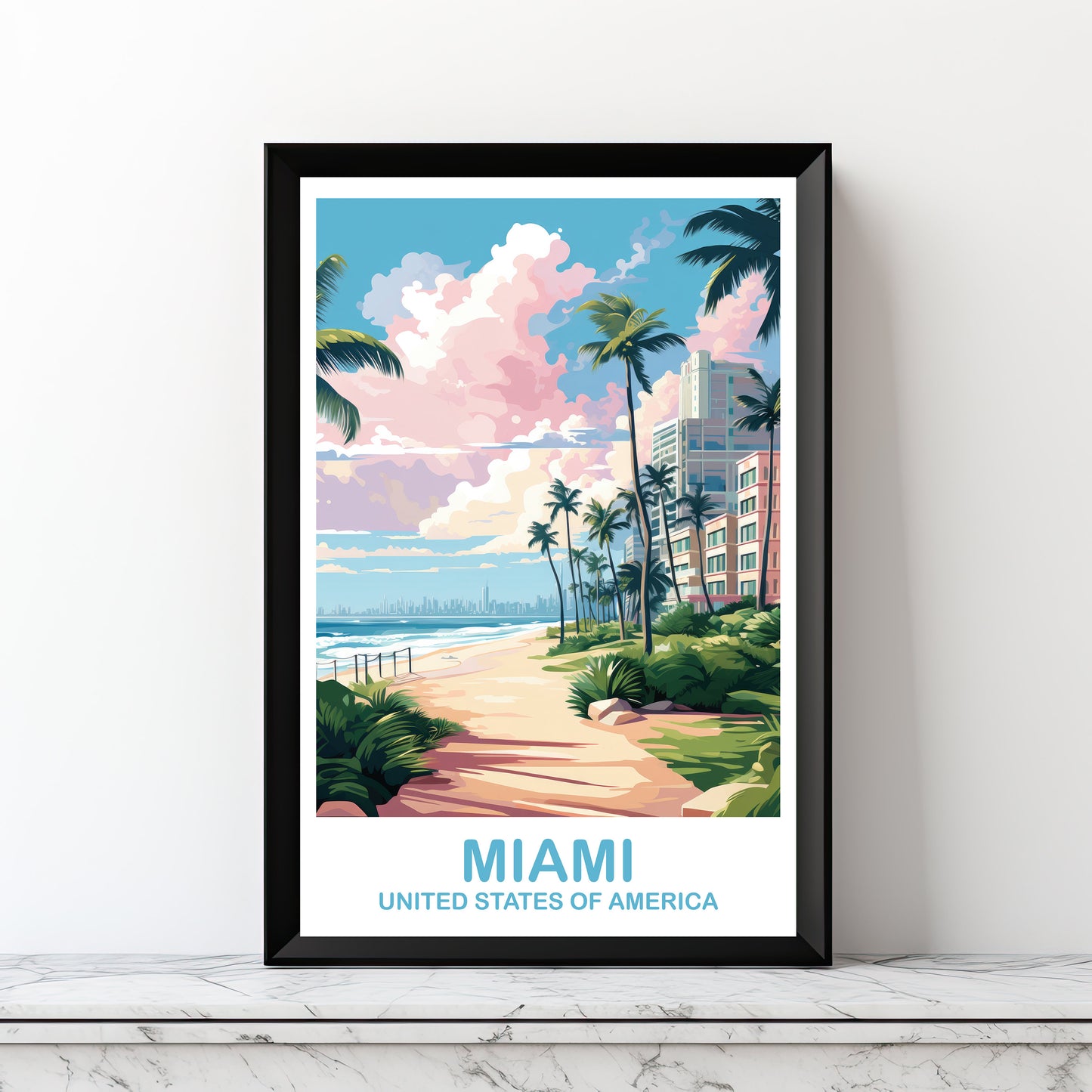 Miami Florida Travel Poster Print, Miami Travel Wall Art, Florida Wall Art Poster, City Skyline Wall Art, Miami Wall Art | T2NA_FLMI2