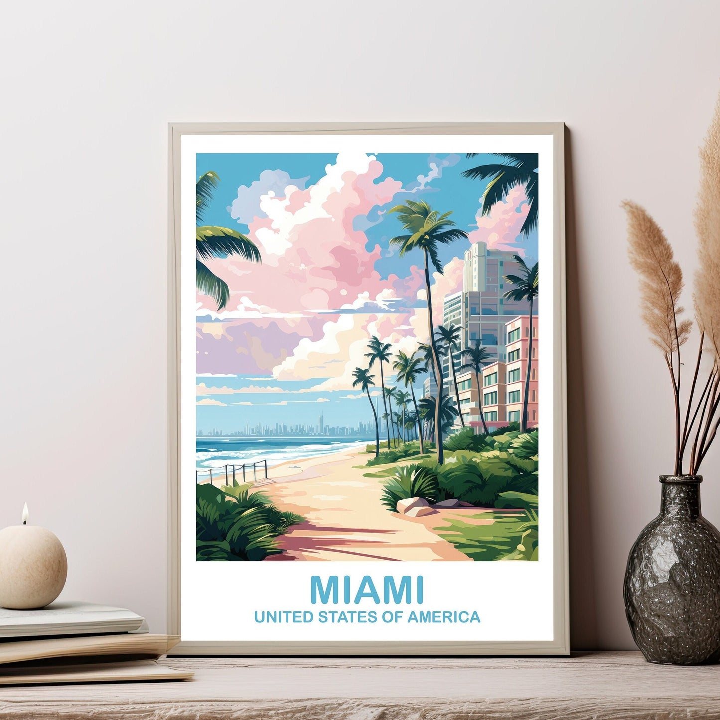 Miami Florida Travel Poster Print, Miami Travel Wall Art, Florida Wall Art Poster, City Skyline Wall Art, Miami Wall Art | T2NA_FLMI2