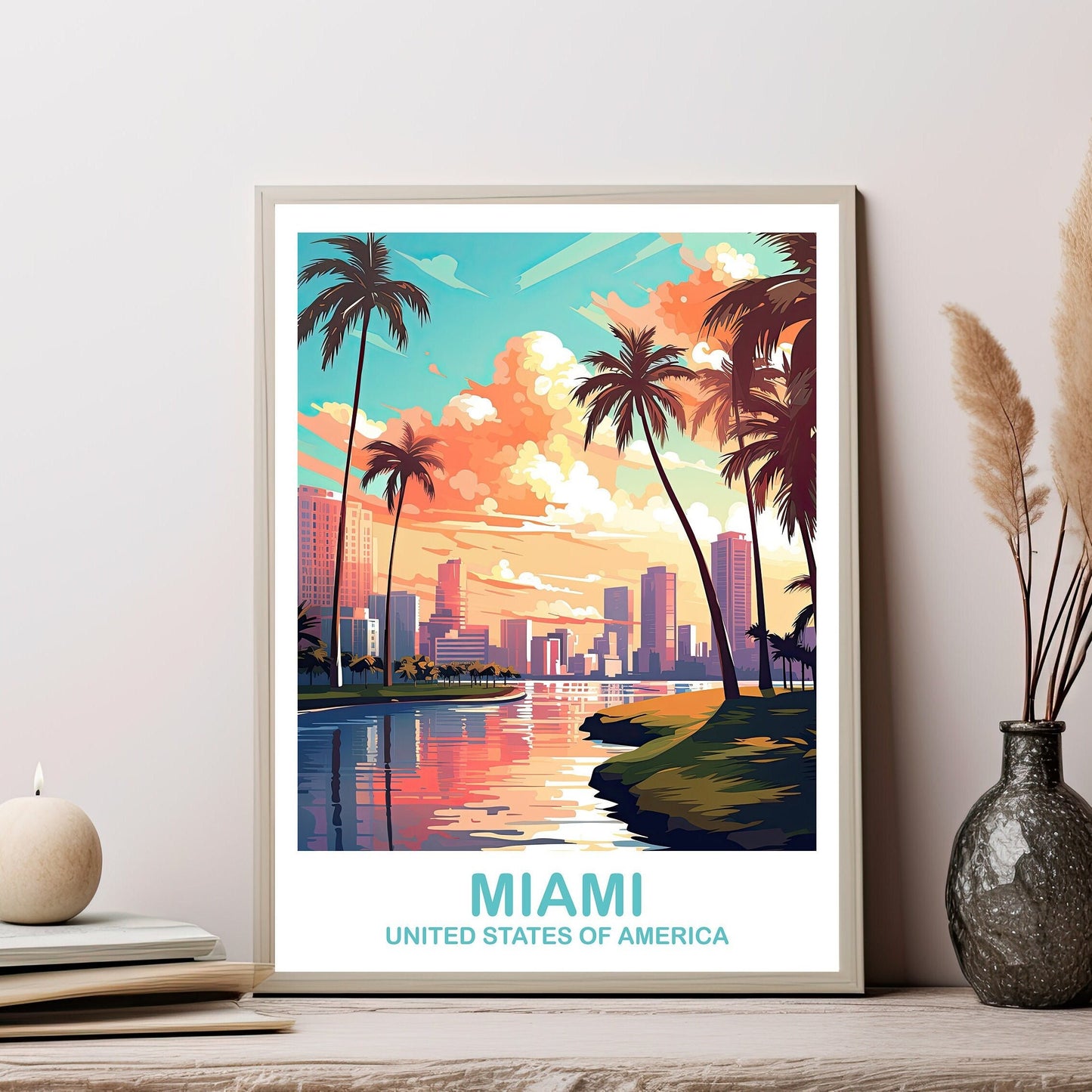 Miami Florida Travel Print, Miami Travel Wall Art, Florida Wall Art Poster, City Skyline Wall Art, Miami Wall Art | T2NA_FLMI3
