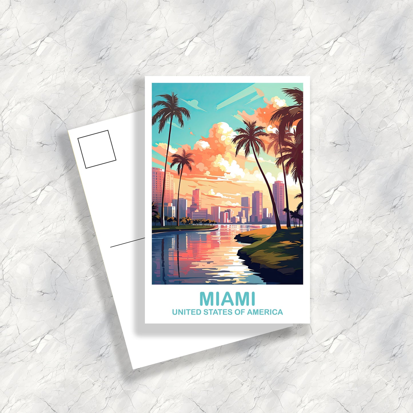 Miami Florida Travel Postcard, Miami Travel Art Postcard, Florida Art Postcard, City Skyline Postcard, Miami Florida Art | T2NA_FLMI3_P