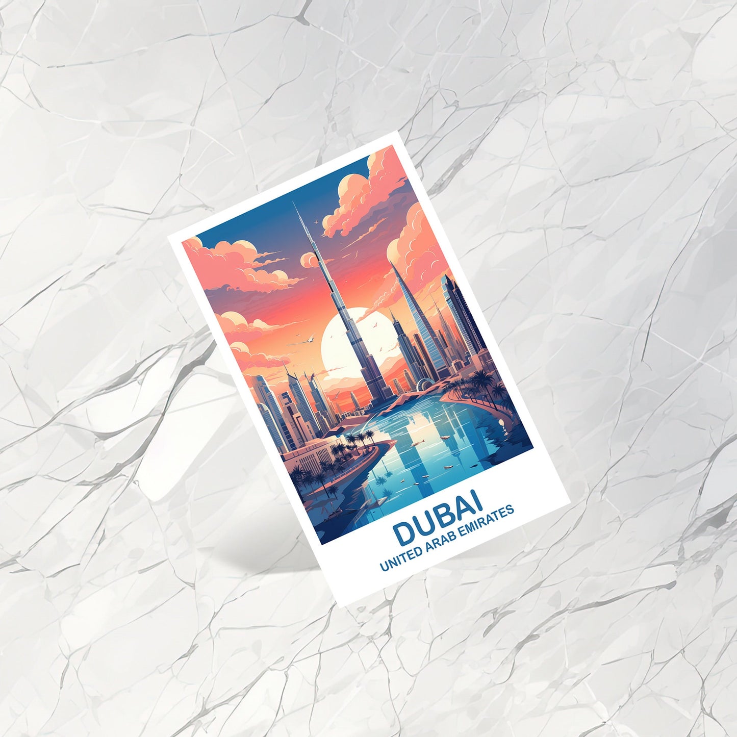 Dubai Travel Art Postcard, Dubai Skyline, Dubai Art Postcard, City Skyline Wall Art, Vibrant Sunset, Travel Art Postcard | T2AS_UAEDU1_P