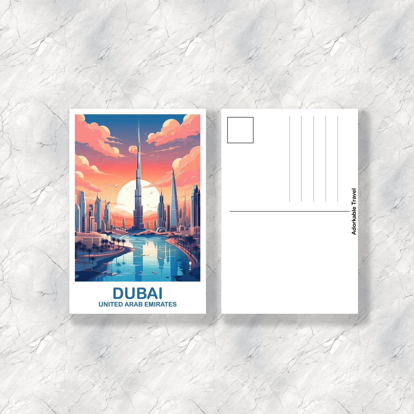 Dubai Travel Art Postcard, Dubai Skyline, Dubai Art Postcard, City Skyline Wall Art, Vibrant Sunset, Travel Art Postcard | T2AS_UAEDU1_P