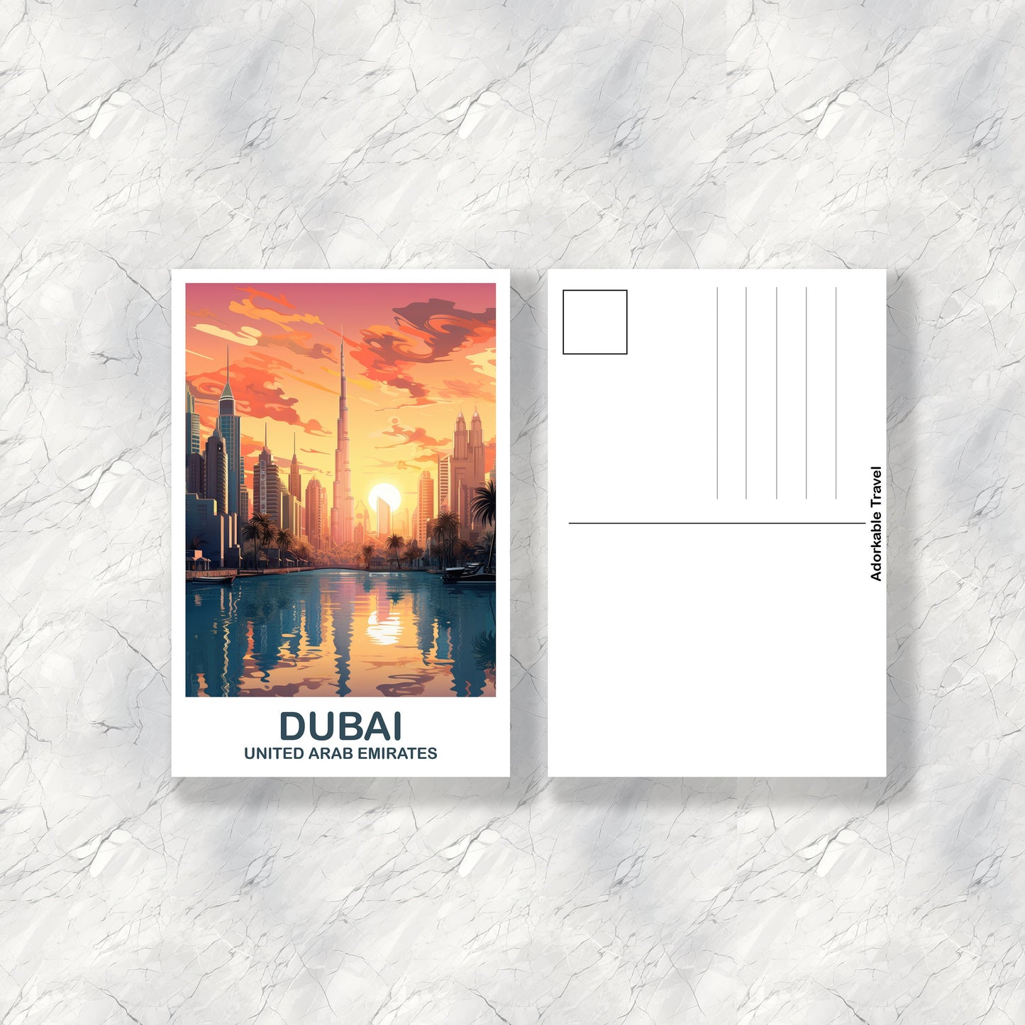 Dubai Travel Art Postcard, Dubai Skyline, Dubai Art Postcard, City Skyline Wall Art, Vibrant Sunset, Travel Art Postcard | T2AS_UAEDU2_P