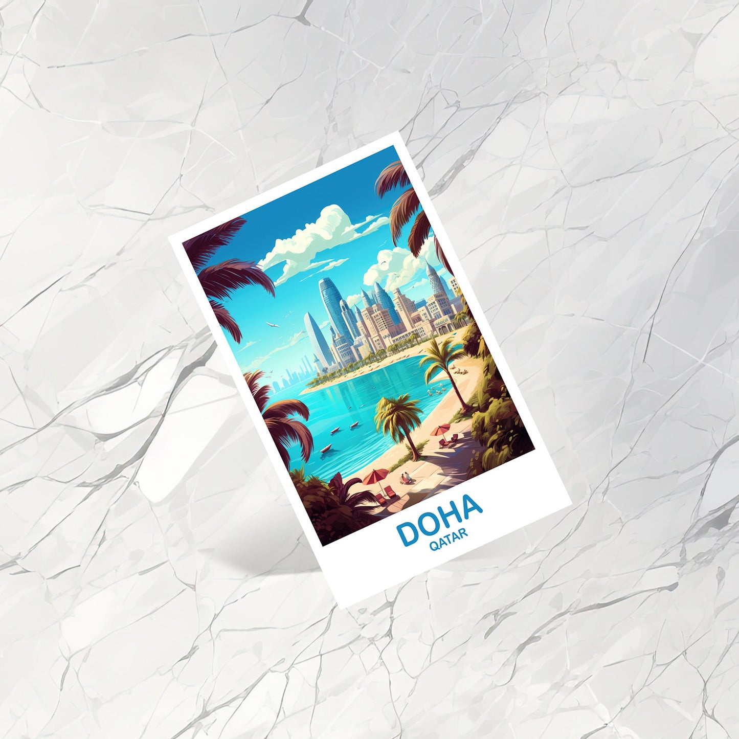Doha Travel Postcard Art, Doha Skyline, Doha Qatar Art Postcard, City Skyline Art, Travel Postcard Art, Asia Travel Art | T2AS_QADO1_P