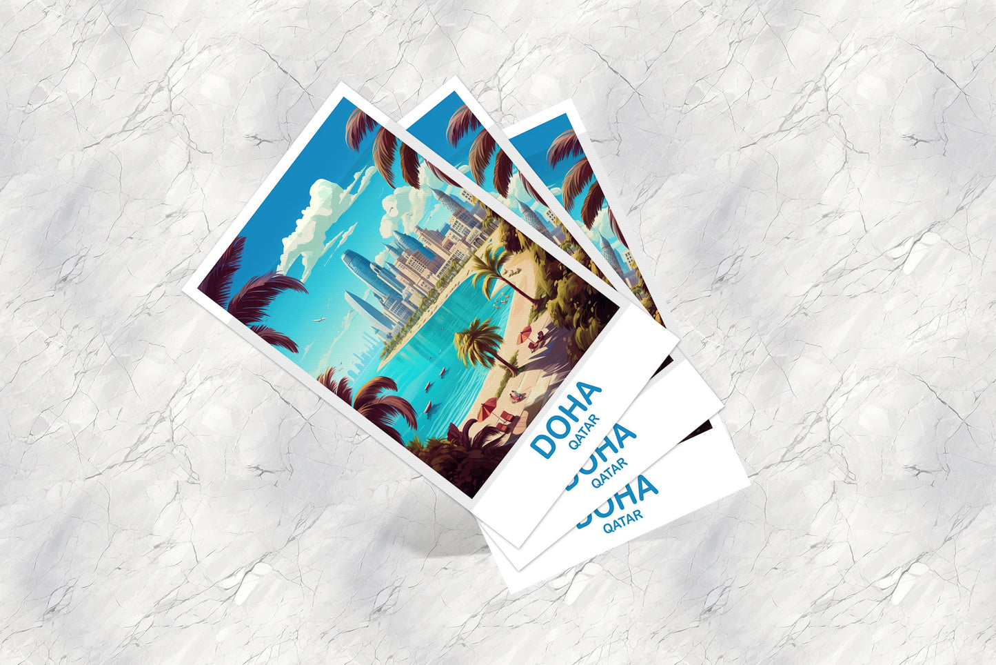 Doha Travel Postcard Art, Doha Skyline, Doha Qatar Art Postcard, City Skyline Art, Travel Postcard Art, Asia Travel Art | T2AS_QADO1_P