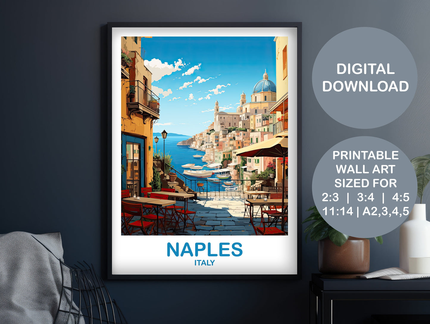 Naples Italy Travel Art Poster, Digital Naples Travel Art, Italy, Printable Naples Travel Wall Art, Italy Travel Art | DT2EU_ITNA2