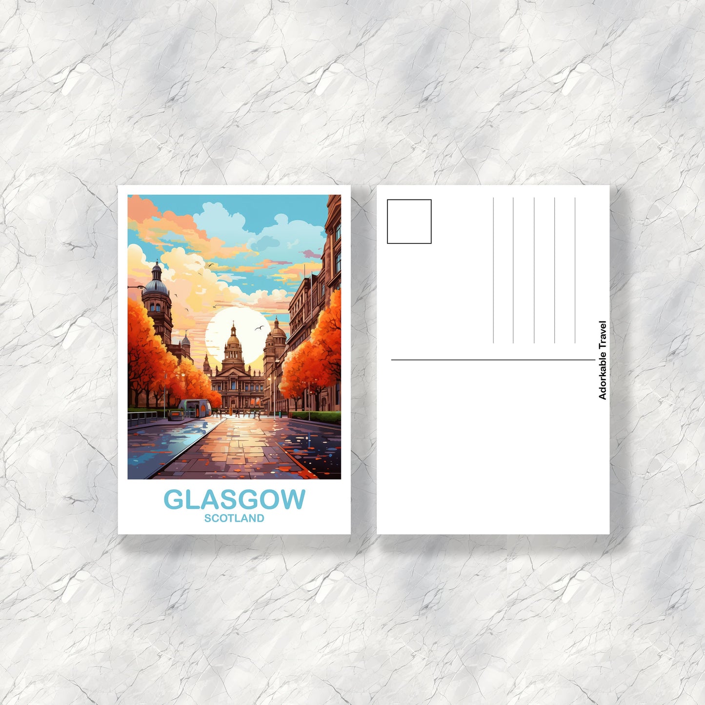 Glasgow Travel Postcard, Glasgow Travel Art, Scotland Postcard, Glasgow Scotland Travel Postcard Art, Travel Postcard | T2EU_SCGL2_P